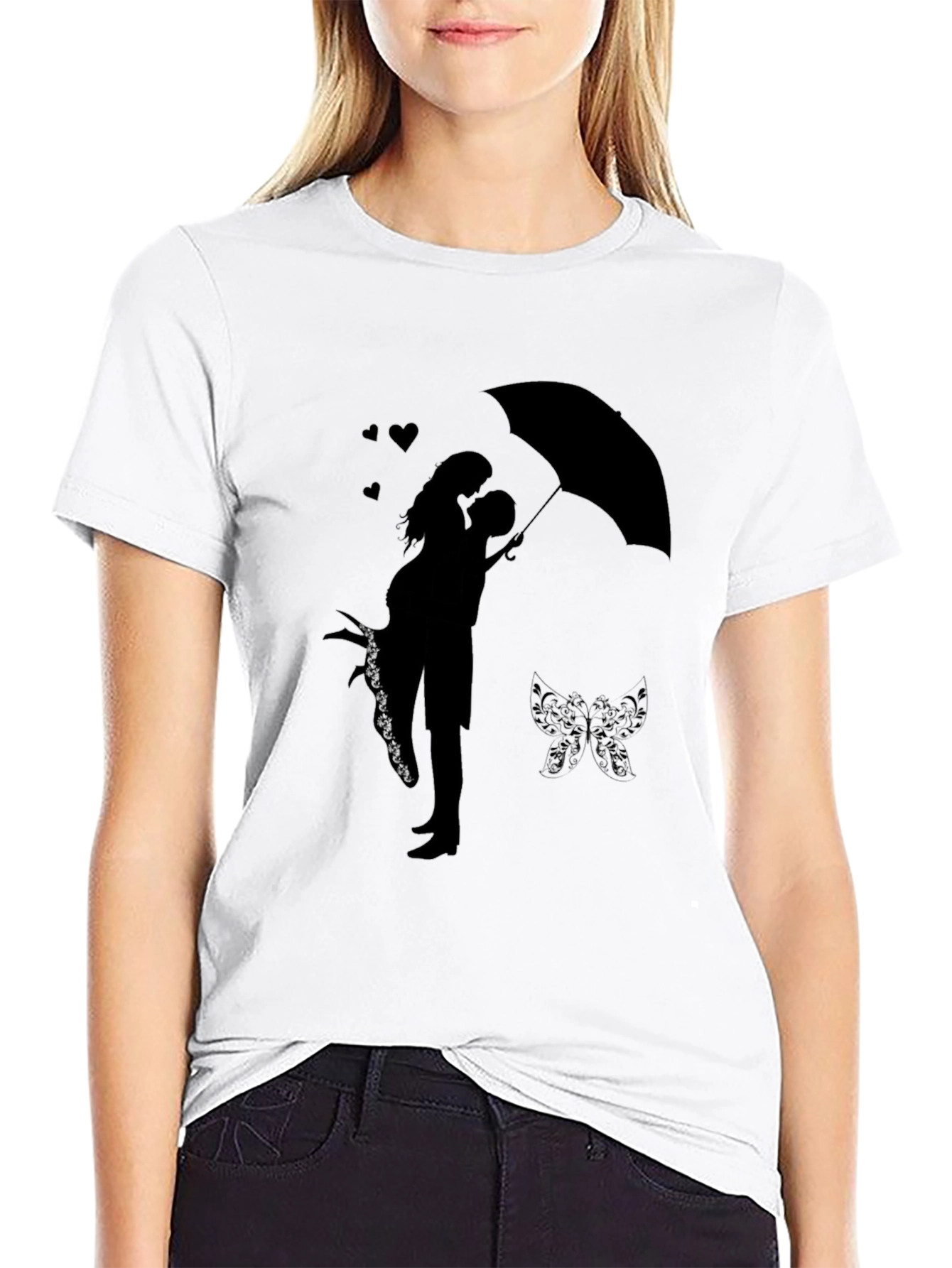 Romantic Couple Under Umbrella Graphic Tee - Black