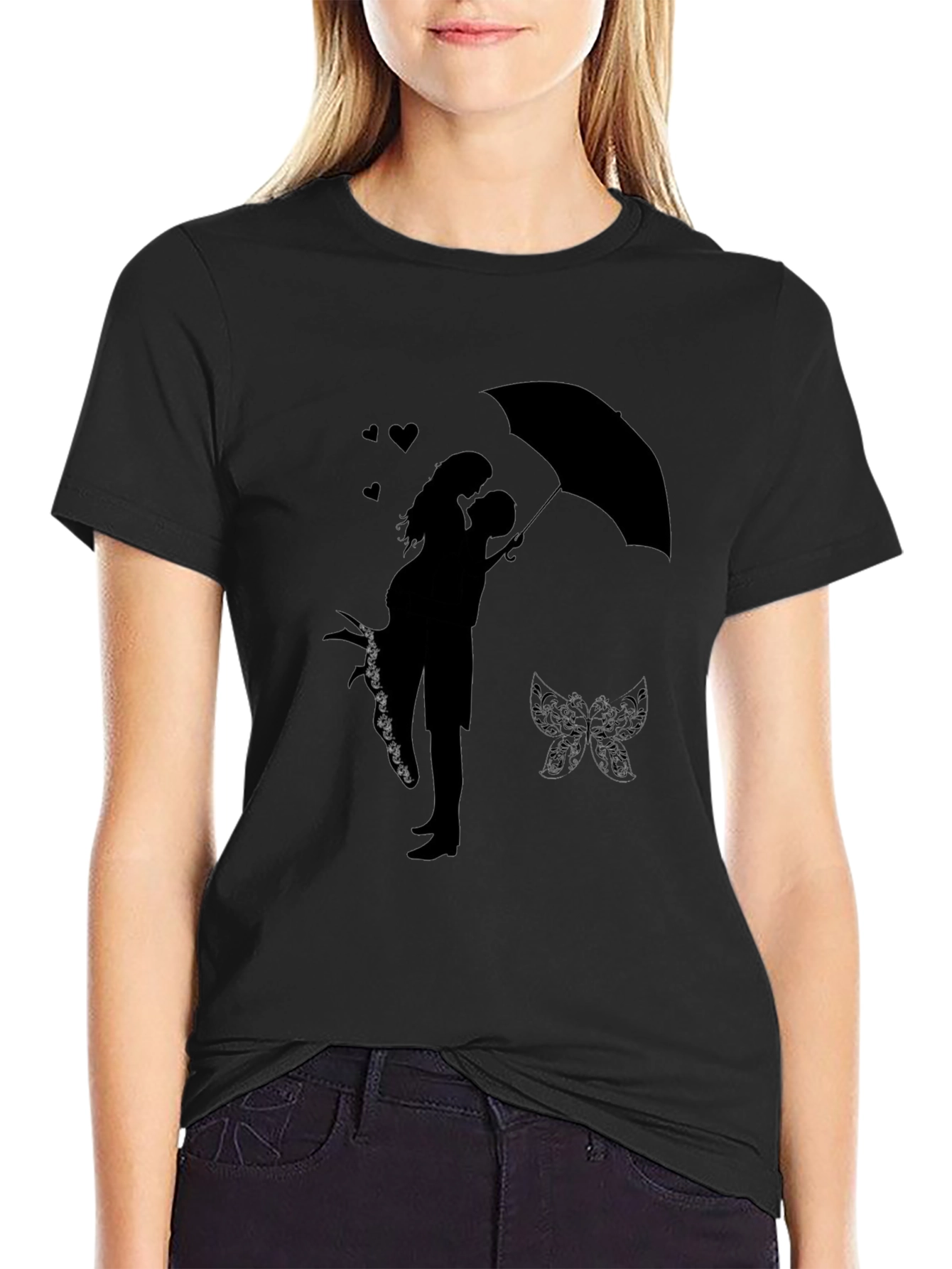 Romantic Couple Under Umbrella Graphic Tee - Black