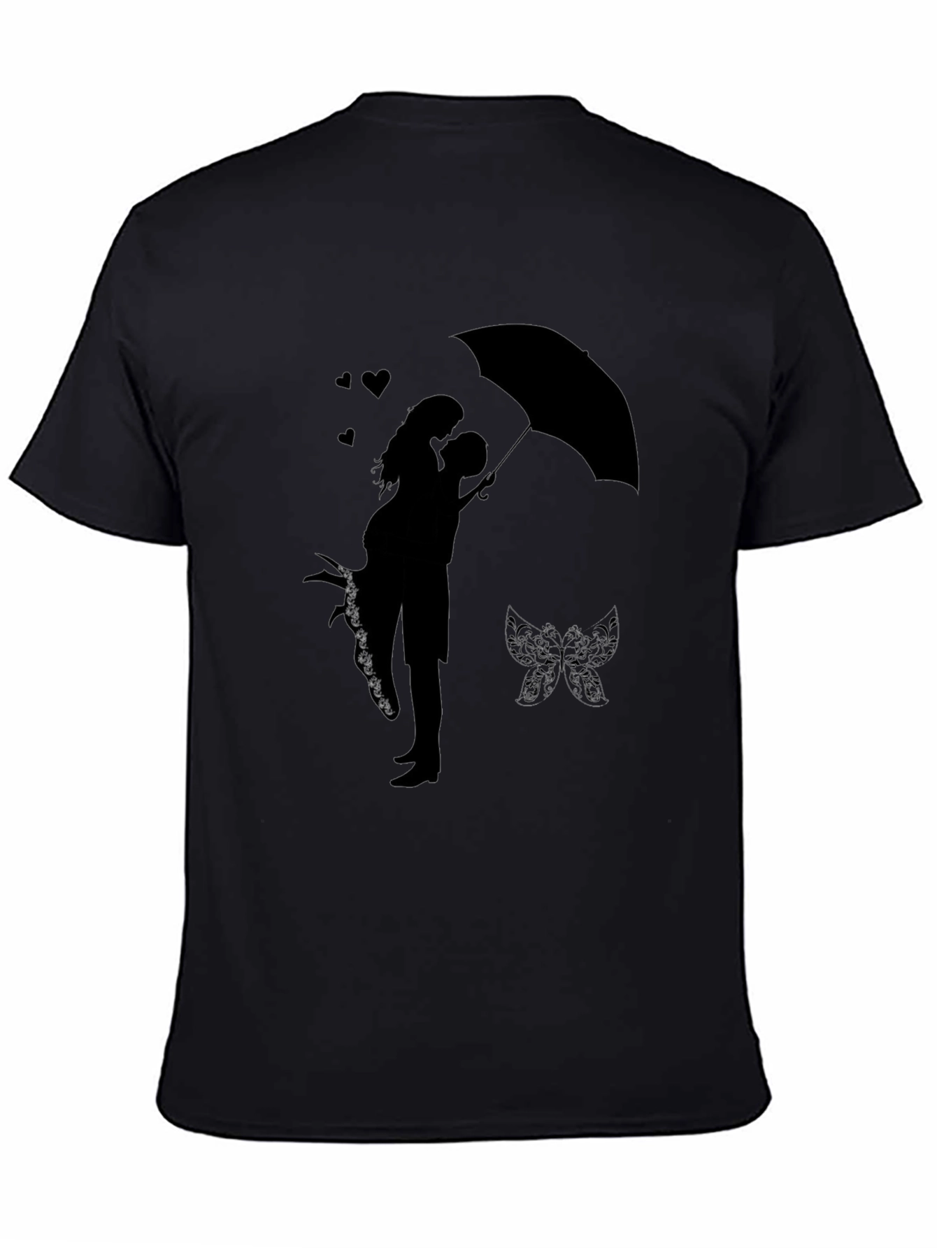 Romantic Couple Under Umbrella Graphic Tee - Black