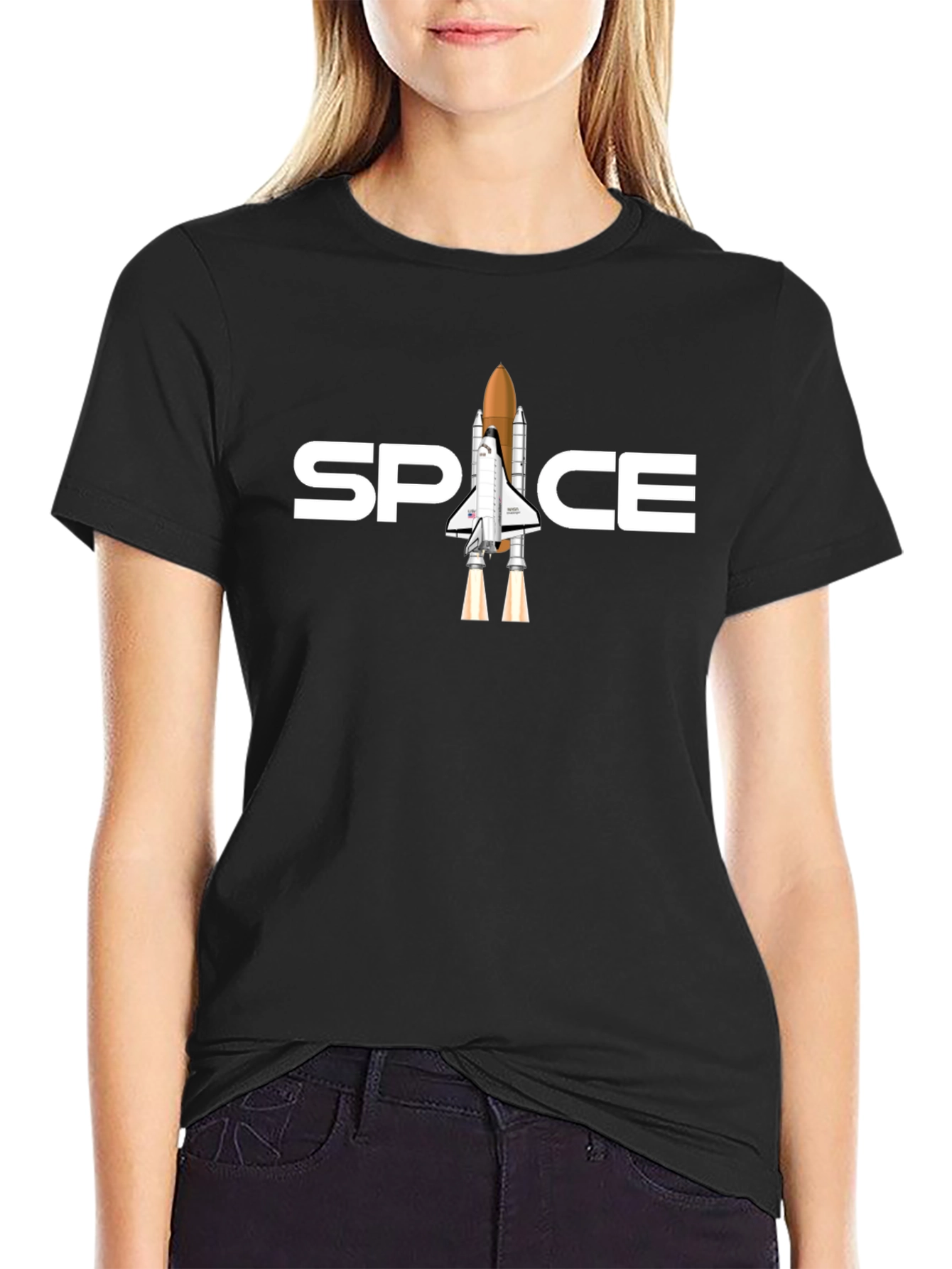 Space Shuttle Graphic T-Shirt - Black Cotton Blend