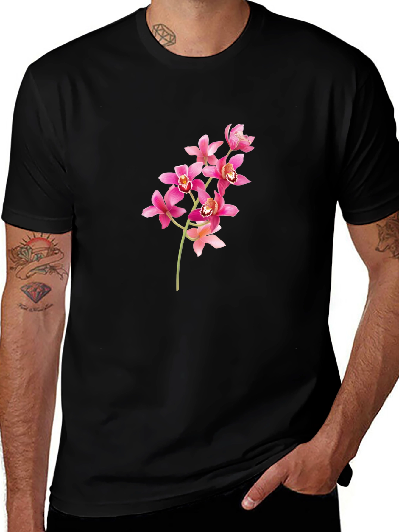 Black T-Shirt with Pink Orchid Design