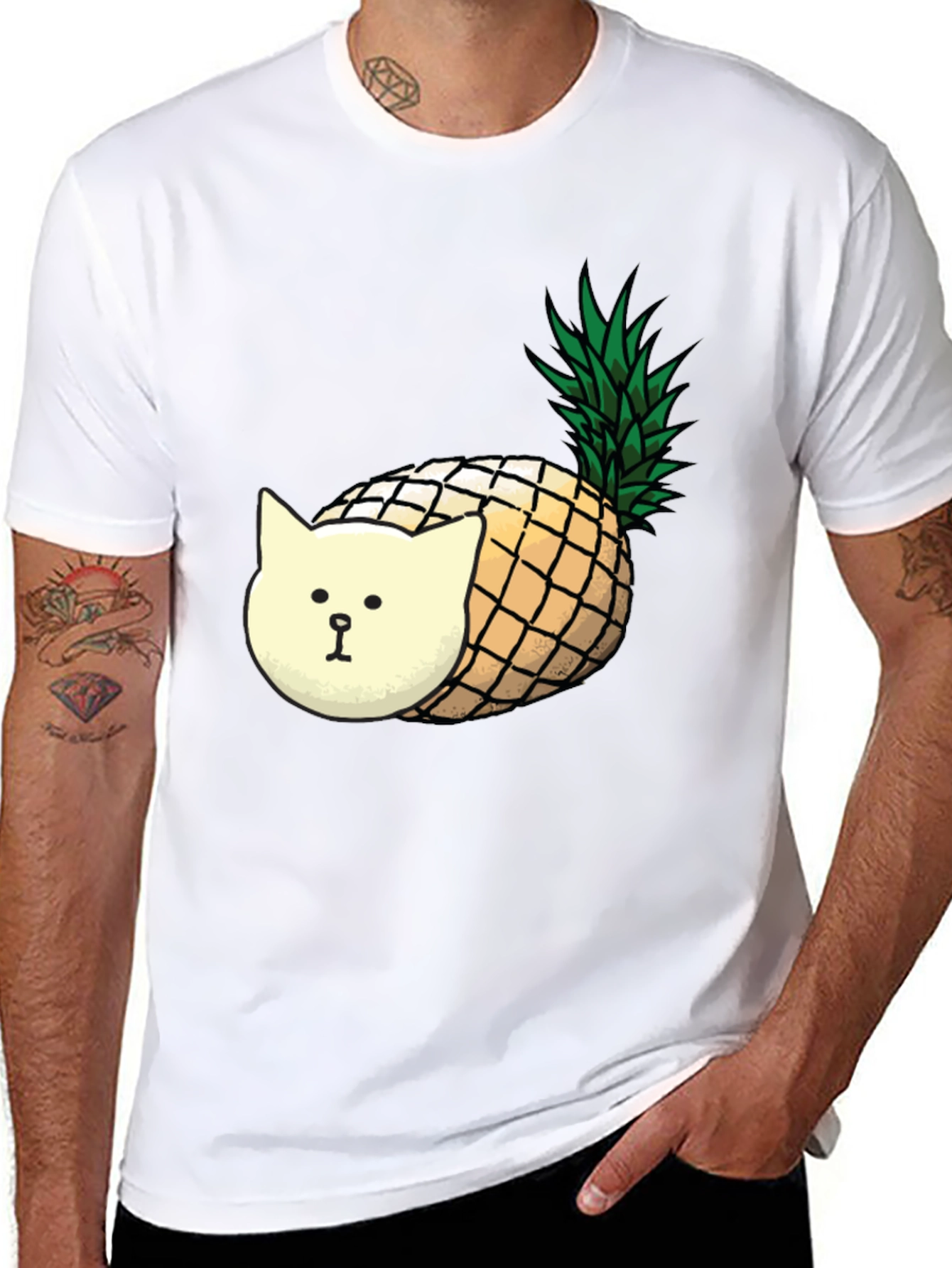Pineapple Cat Graphic T-Shirt - Black Cotton Tee