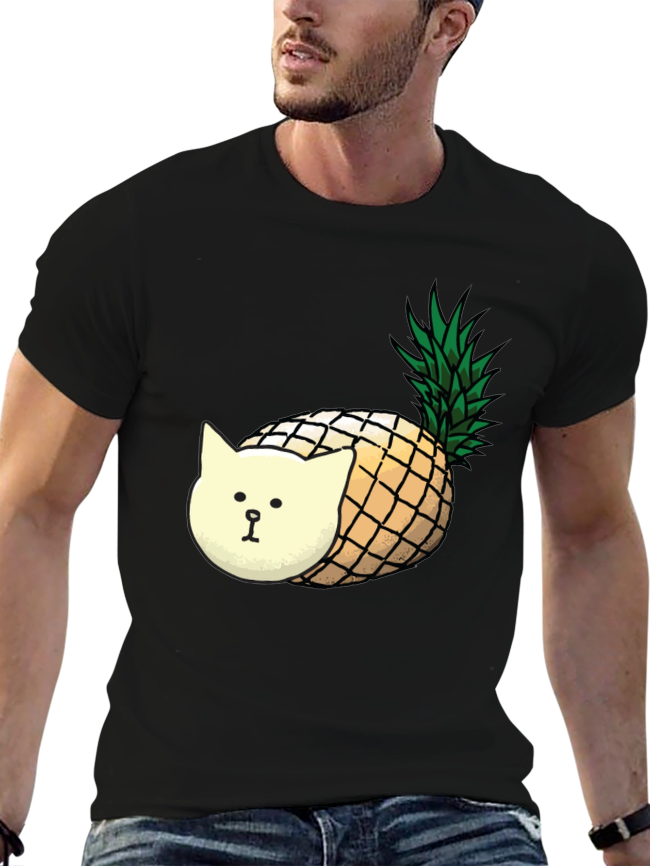 Pineapple Cat Graphic T-Shirt - Black Cotton Tee