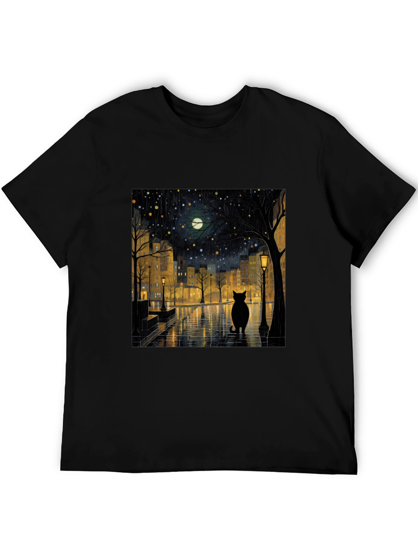 Black Cat Rainy Night City T-Shirt