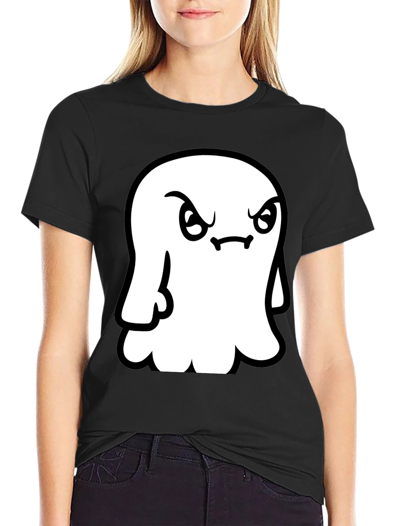 Grumpy Ghost Graphic Tee - Soft Black Cotton Shirt