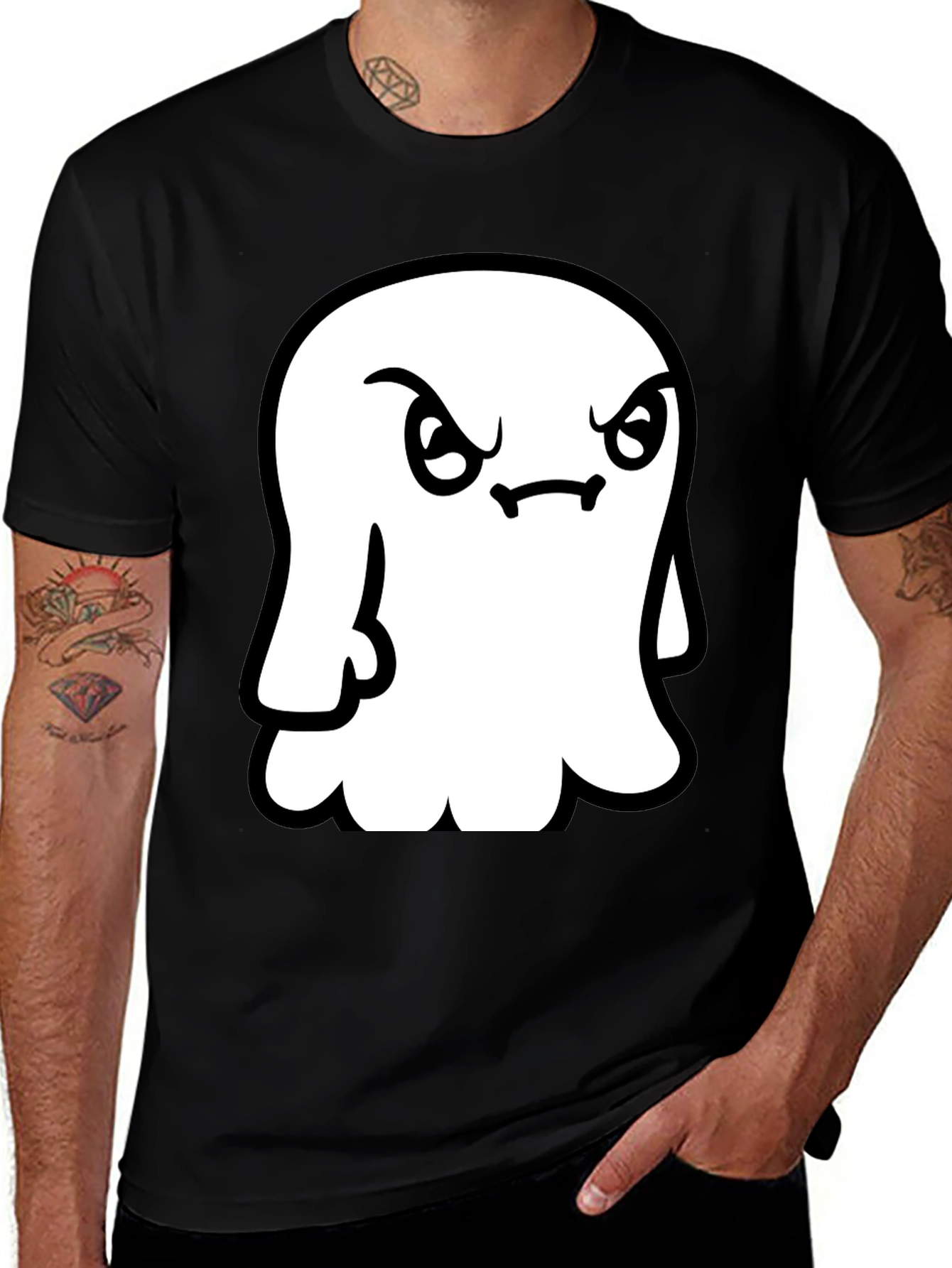 Grumpy Ghost Graphic Tee - Soft Black Cotton Shirt
