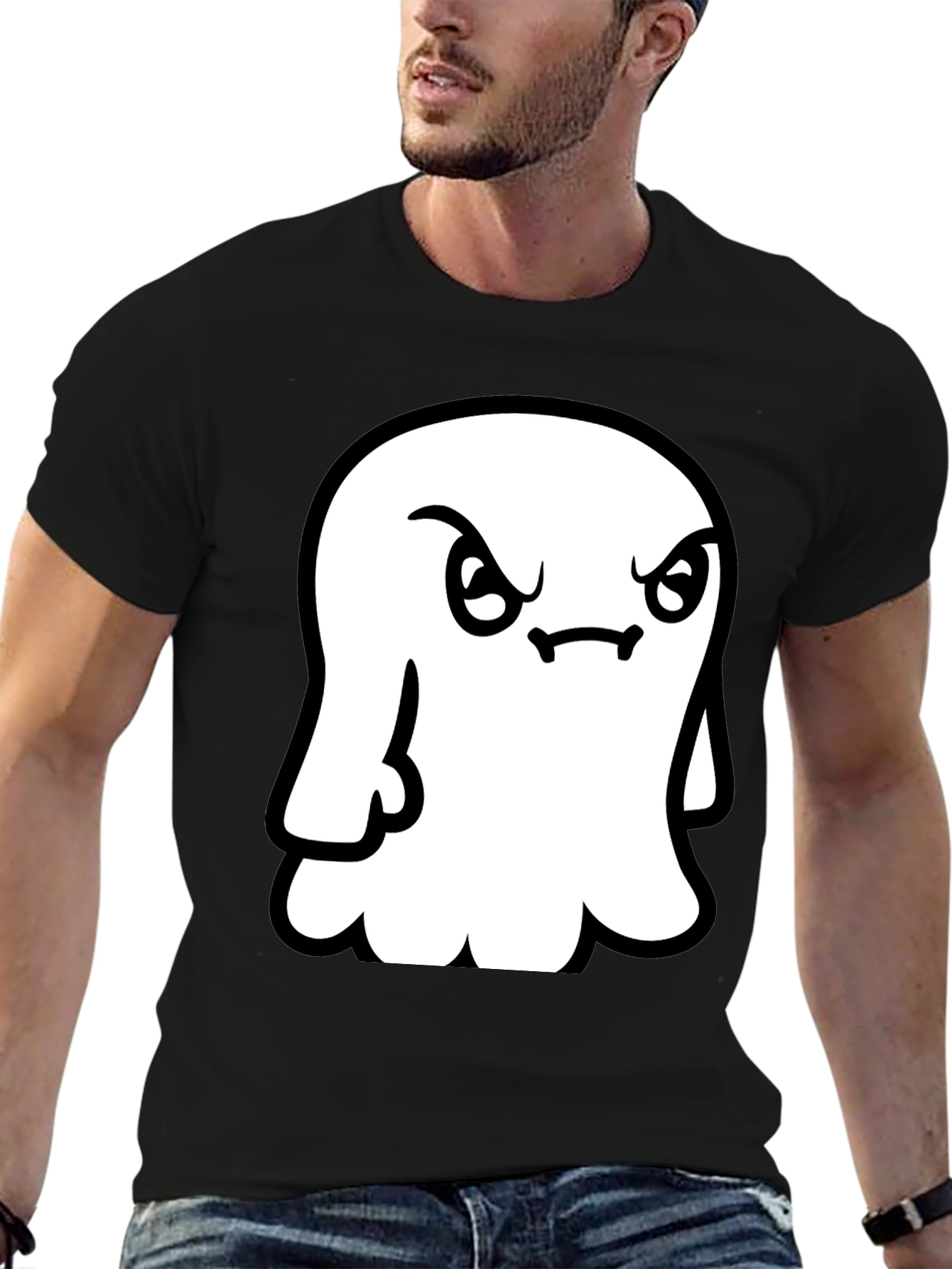 Grumpy Ghost Graphic Tee - Soft Black Cotton Shirt