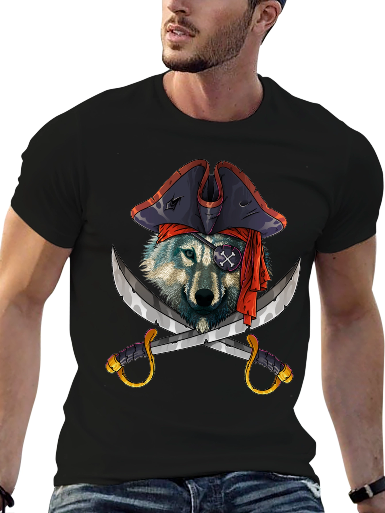 Pirate Wolf Graphic T-Shirt - Black Cotton Tee