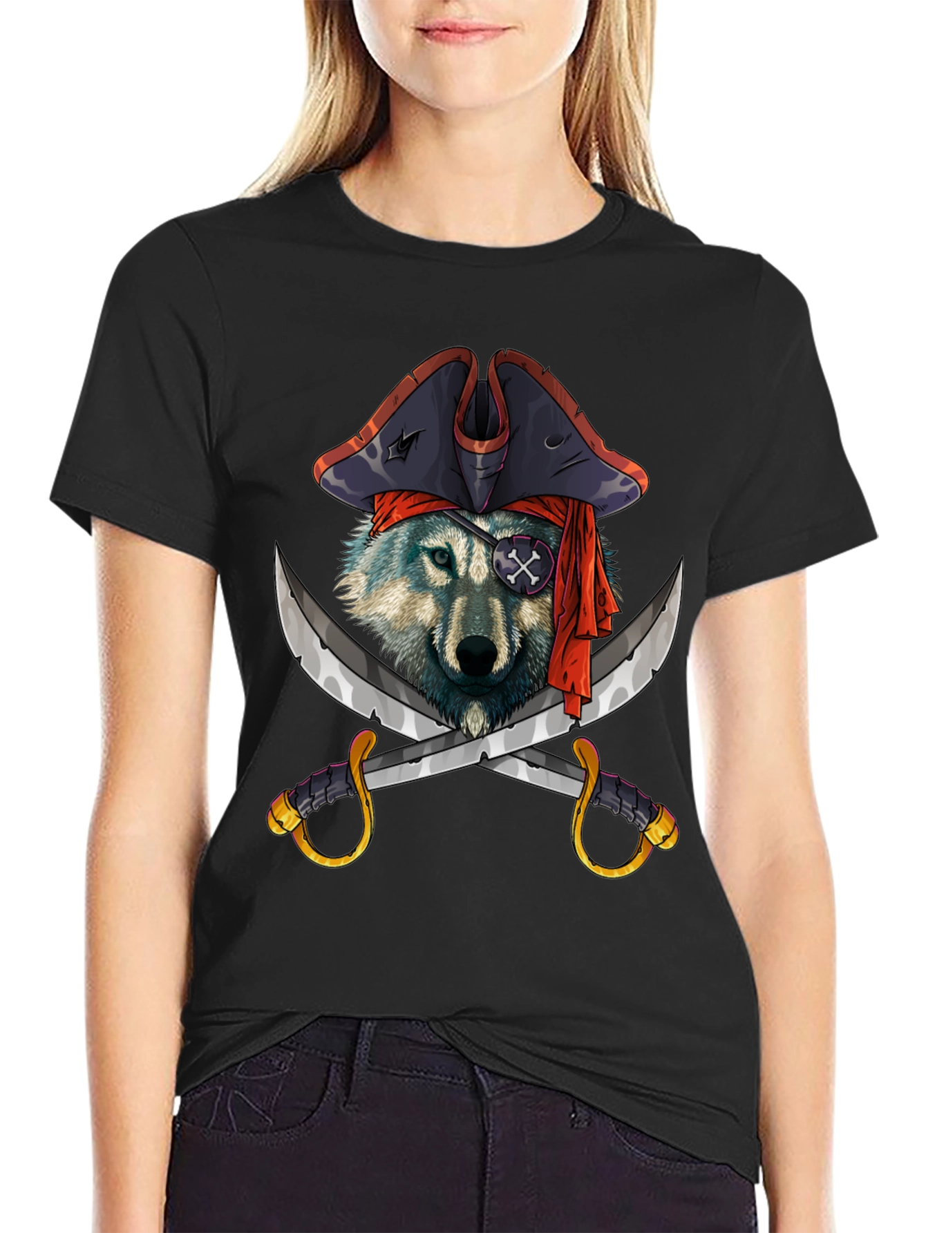 Pirate Wolf Graphic T-Shirt - Black Cotton Tee