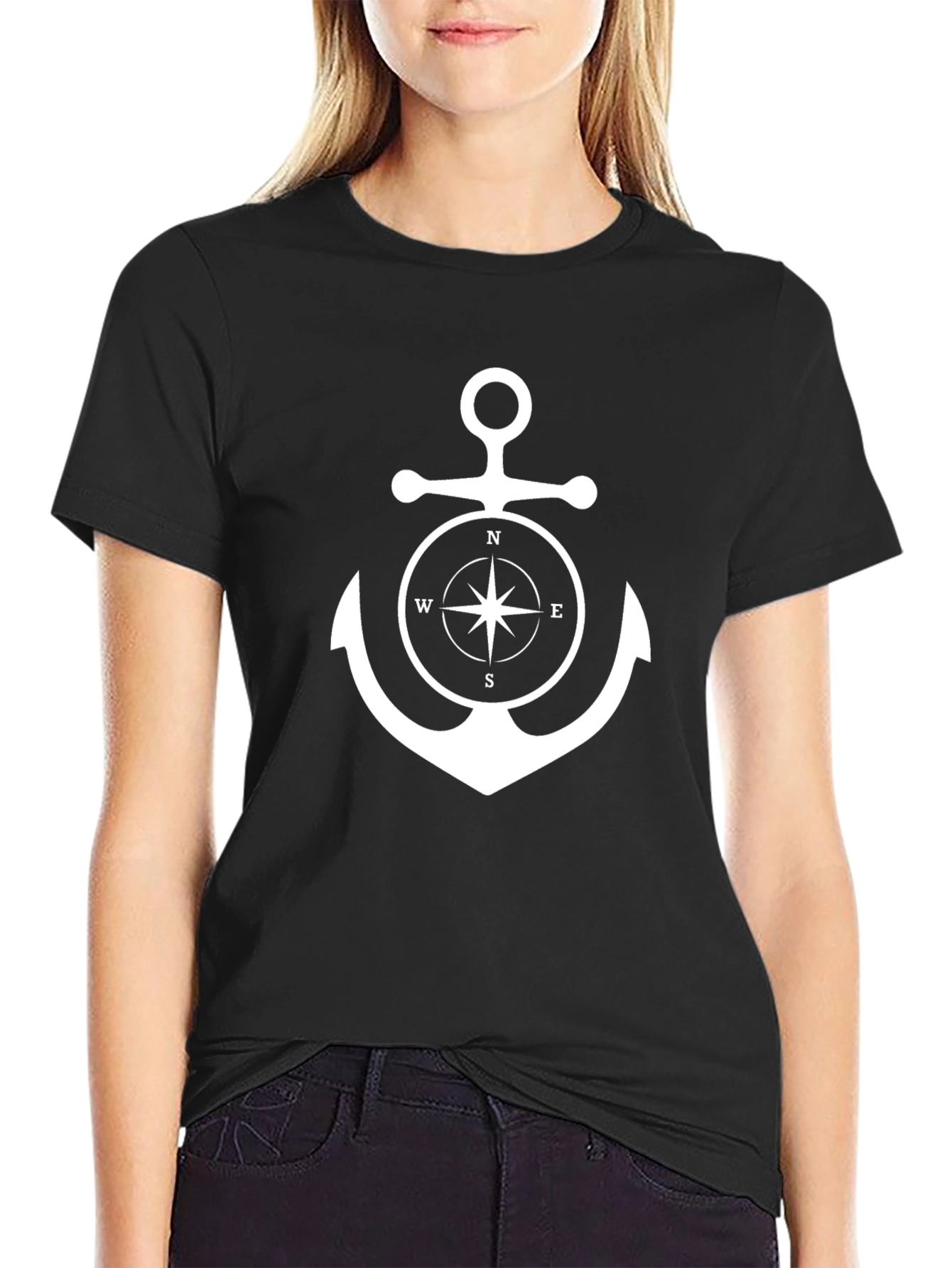 Nautical Anchor Compass Black T-Shirt