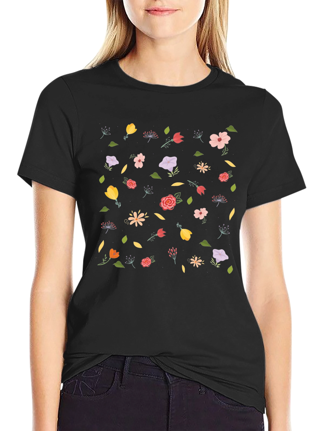 Floral Print Black T-Shirt - Casual Style