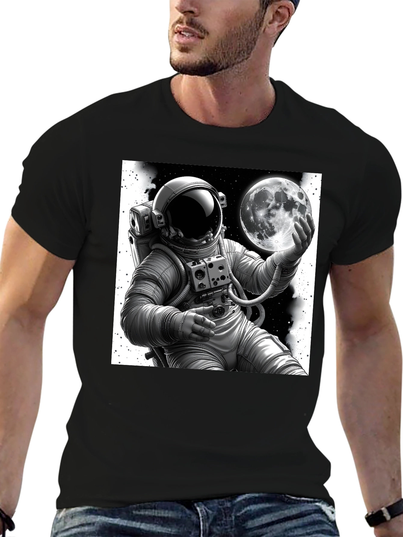 Astronaut & Moon Graphic Tee - Black Cotton Blend