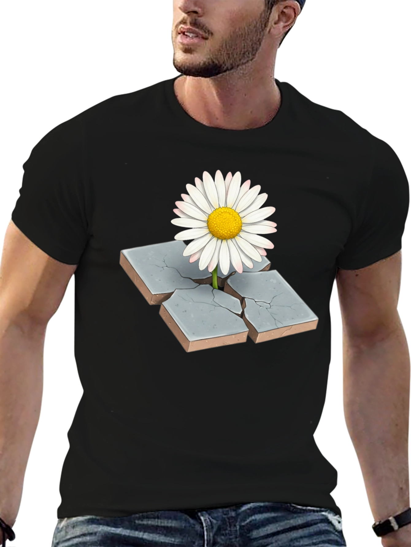 Daisy Through Concrete Mens Black T-Shirt