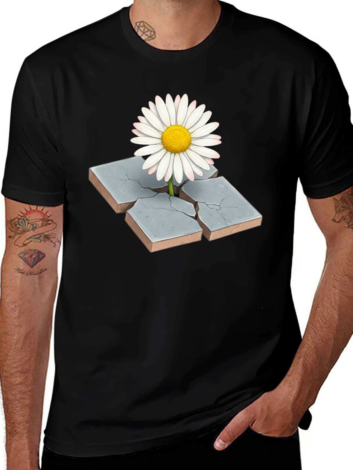 Daisy Through Concrete Mens Black T-Shirt