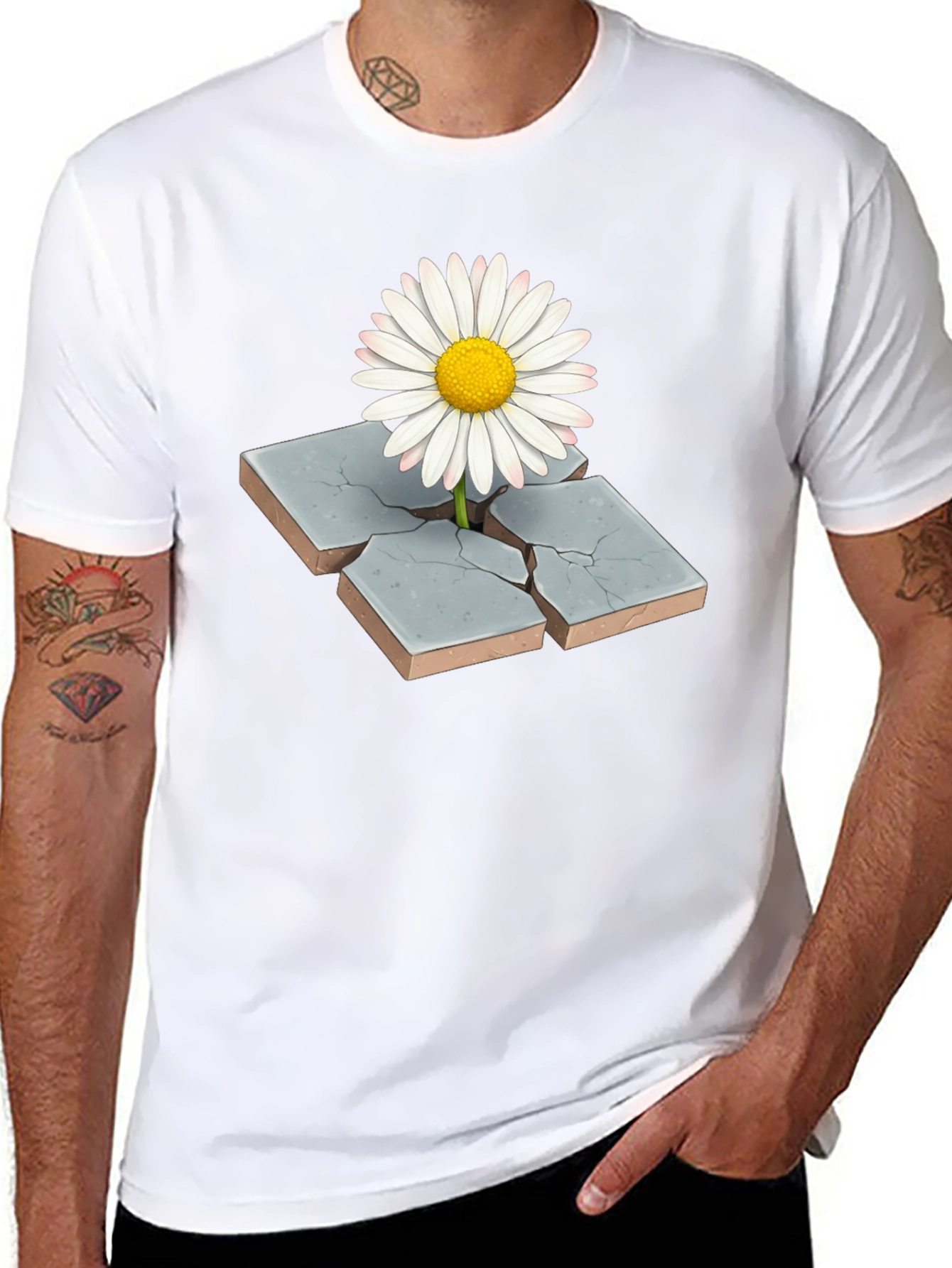 Daisy Through Concrete Mens Black T-Shirt