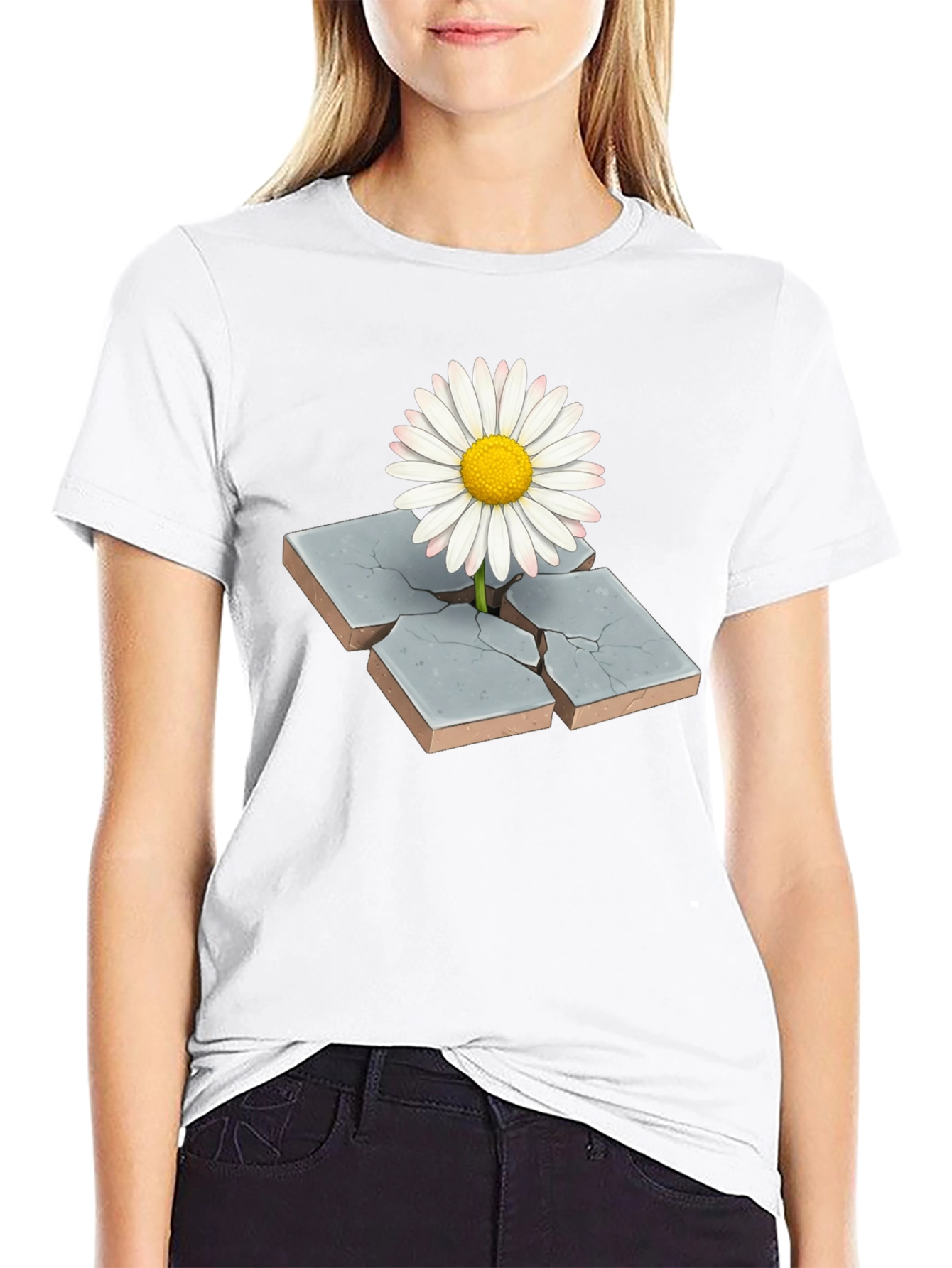 Daisy Through Concrete Mens Black T-Shirt
