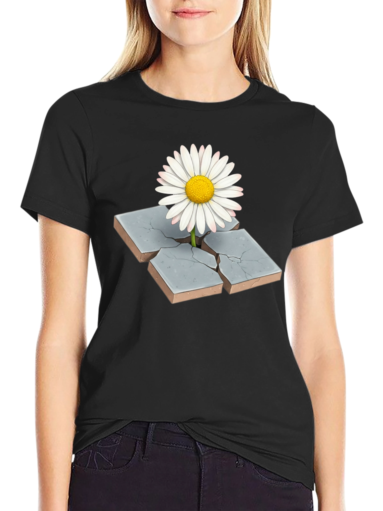 Daisy Through Concrete Mens Black T-Shirt