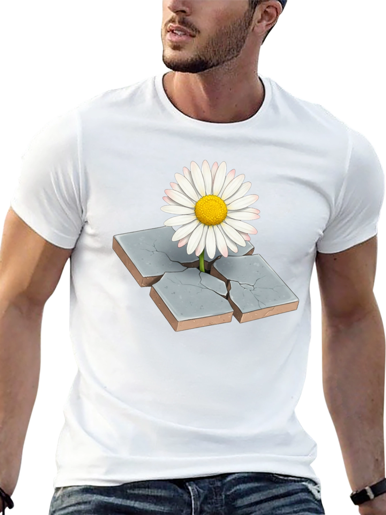 Daisy Through Concrete Mens Black T-Shirt