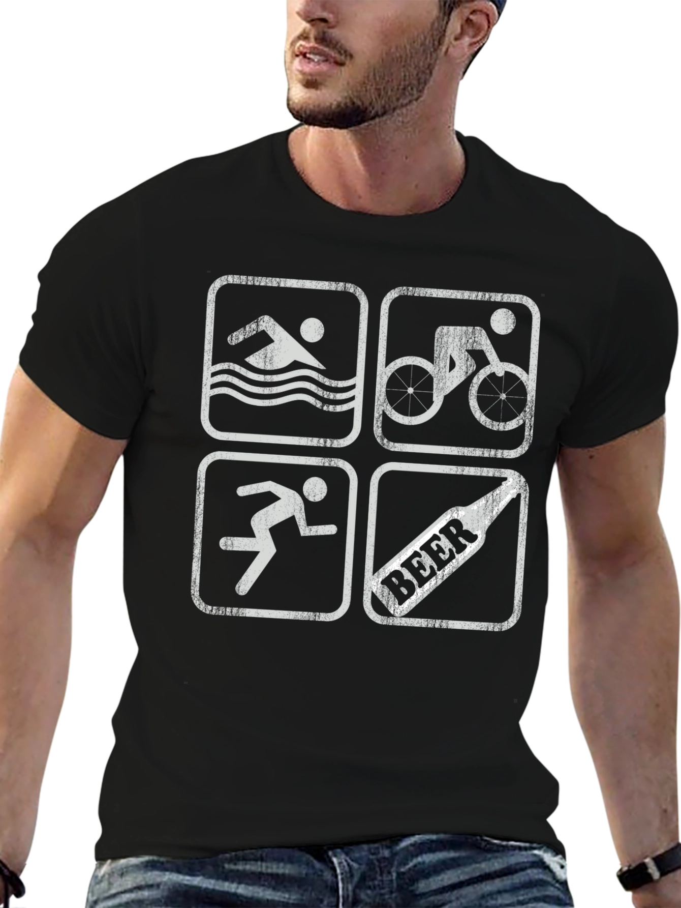 Triathlon Swimmer Biker Runner Beer Black T-Shirt