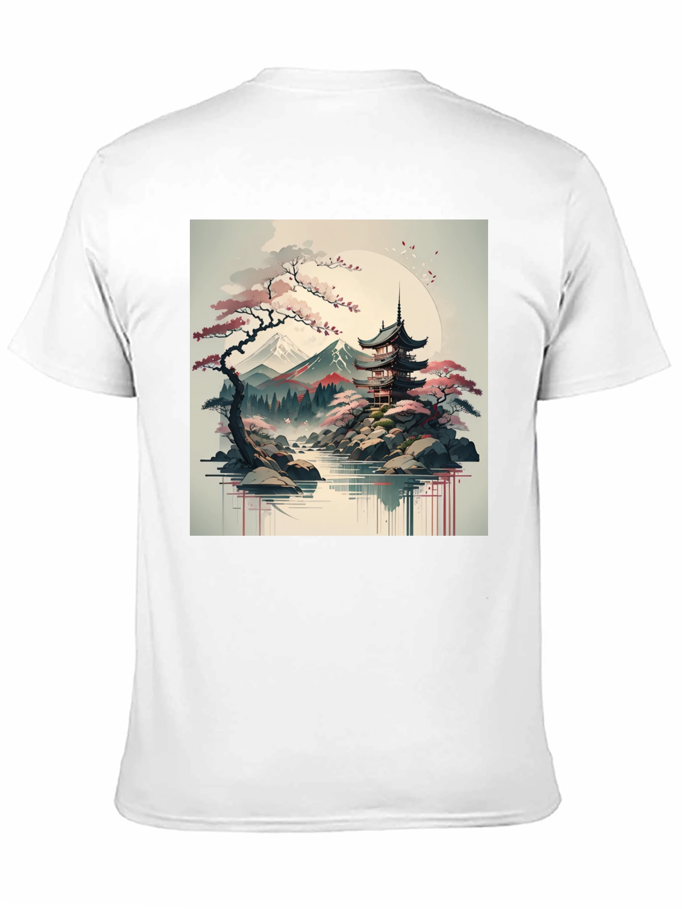 Mens Black T-Shirt with Japanese Landscape Graphic