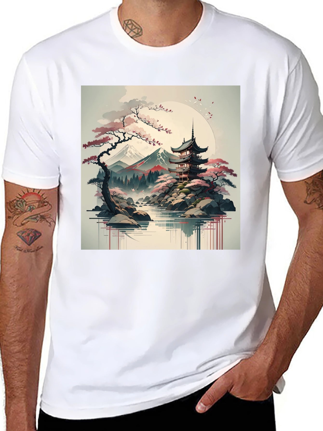 Mens Black T-Shirt with Japanese Landscape Graphic