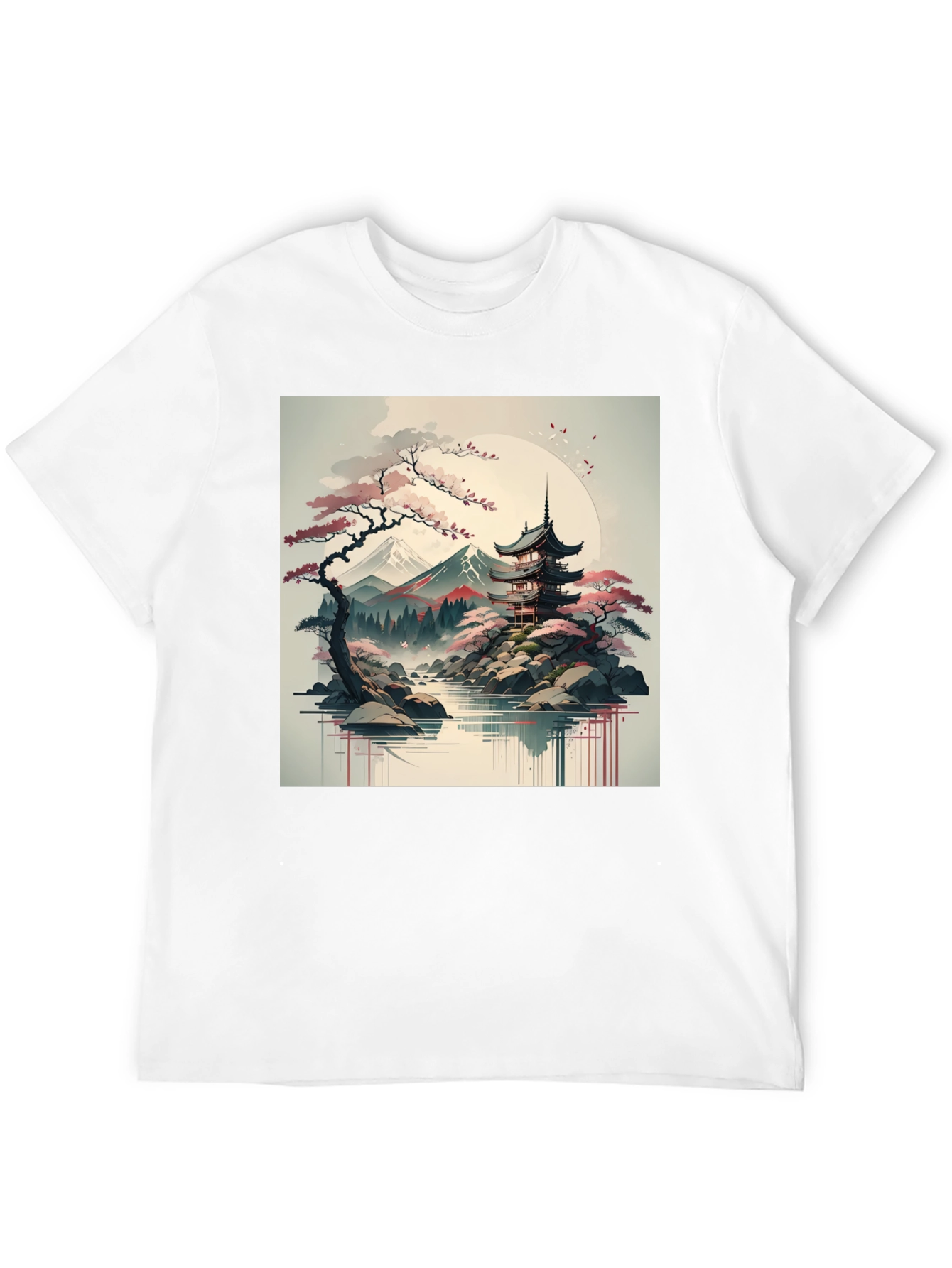 Mens Black T-Shirt with Japanese Landscape Graphic
