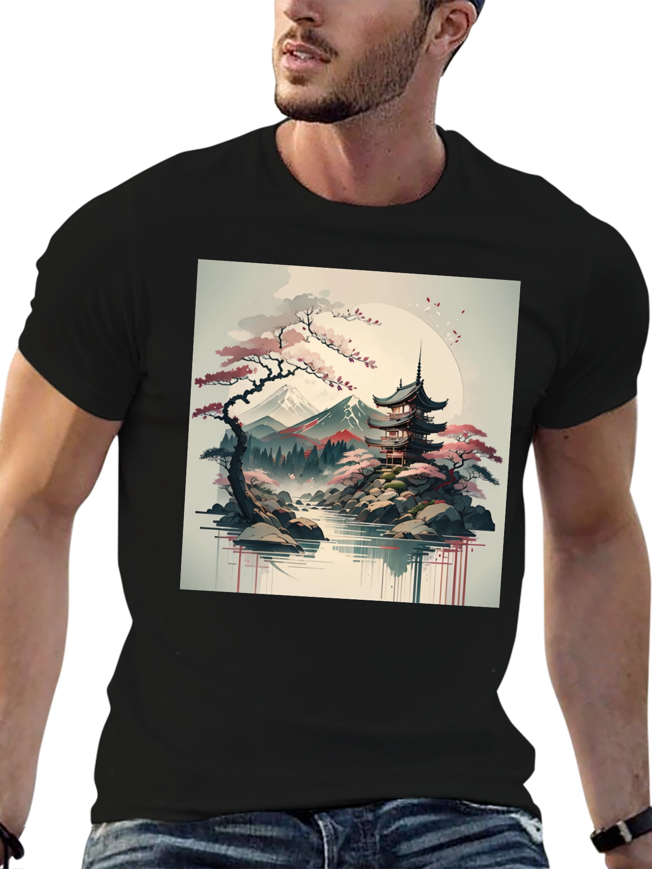 Mens Black T-Shirt with Japanese Landscape Graphic