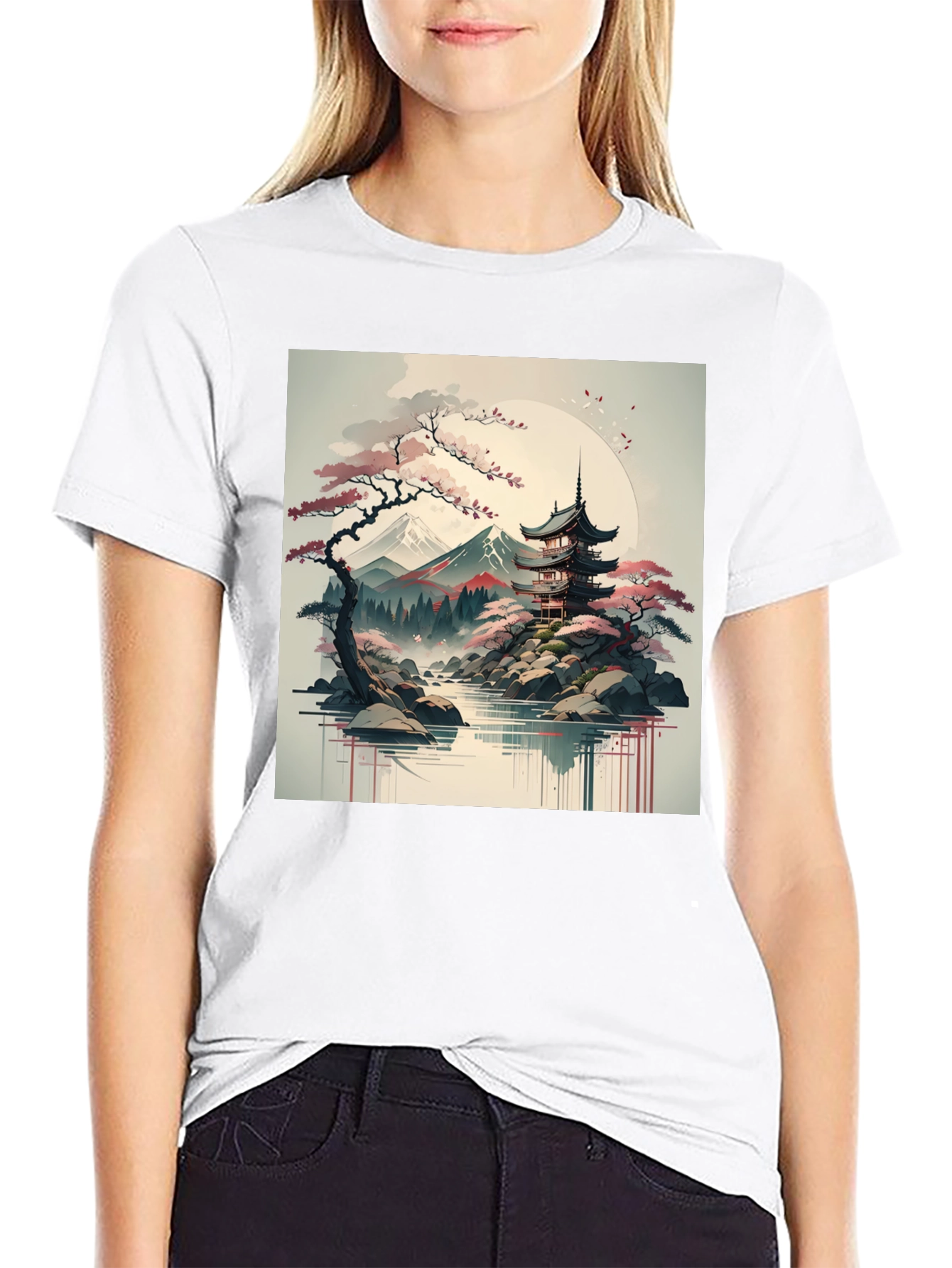 Mens Black T-Shirt with Japanese Landscape Graphic