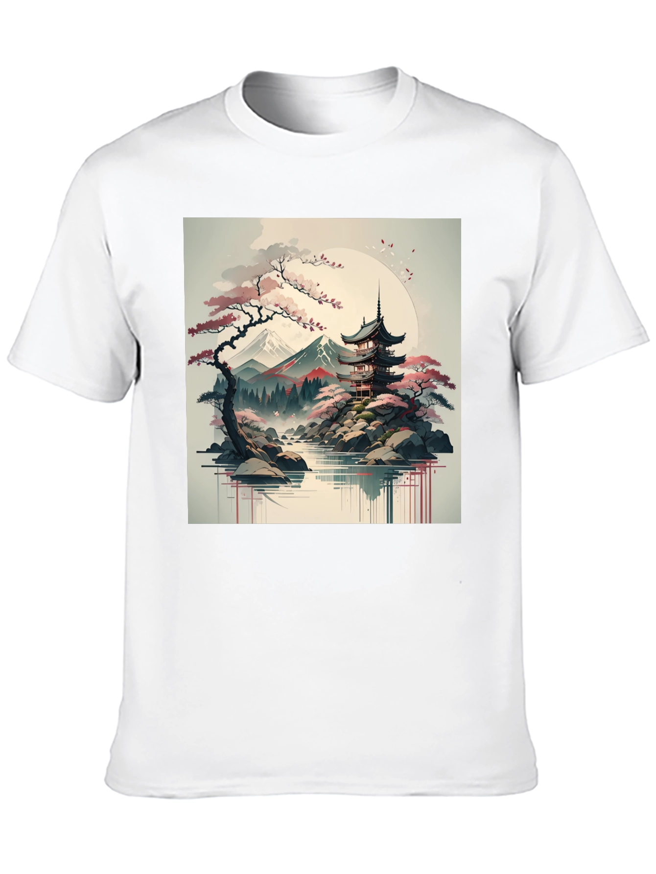 Mens Black T-Shirt with Japanese Landscape Graphic