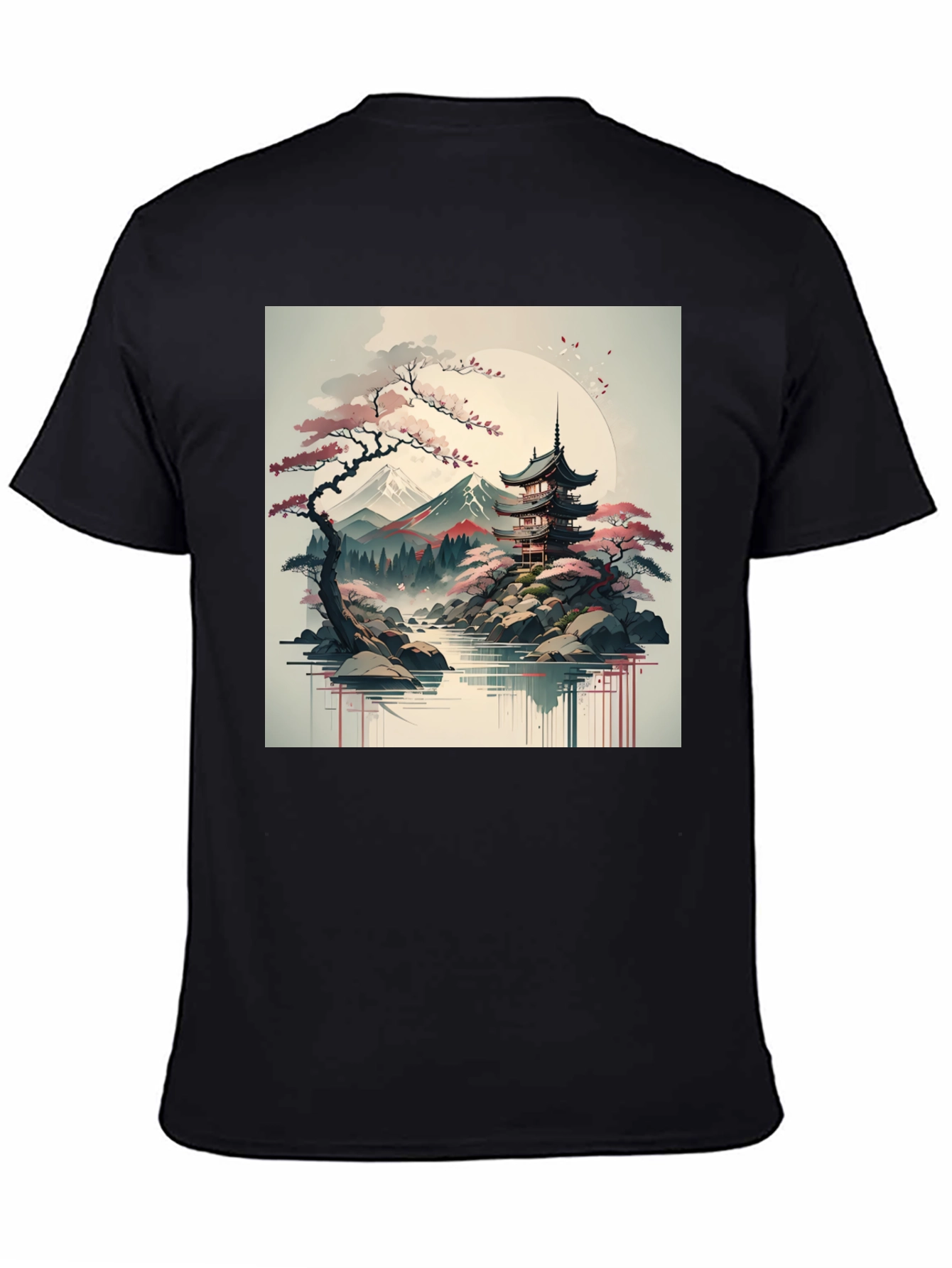 Mens Black T-Shirt with Japanese Landscape Graphic