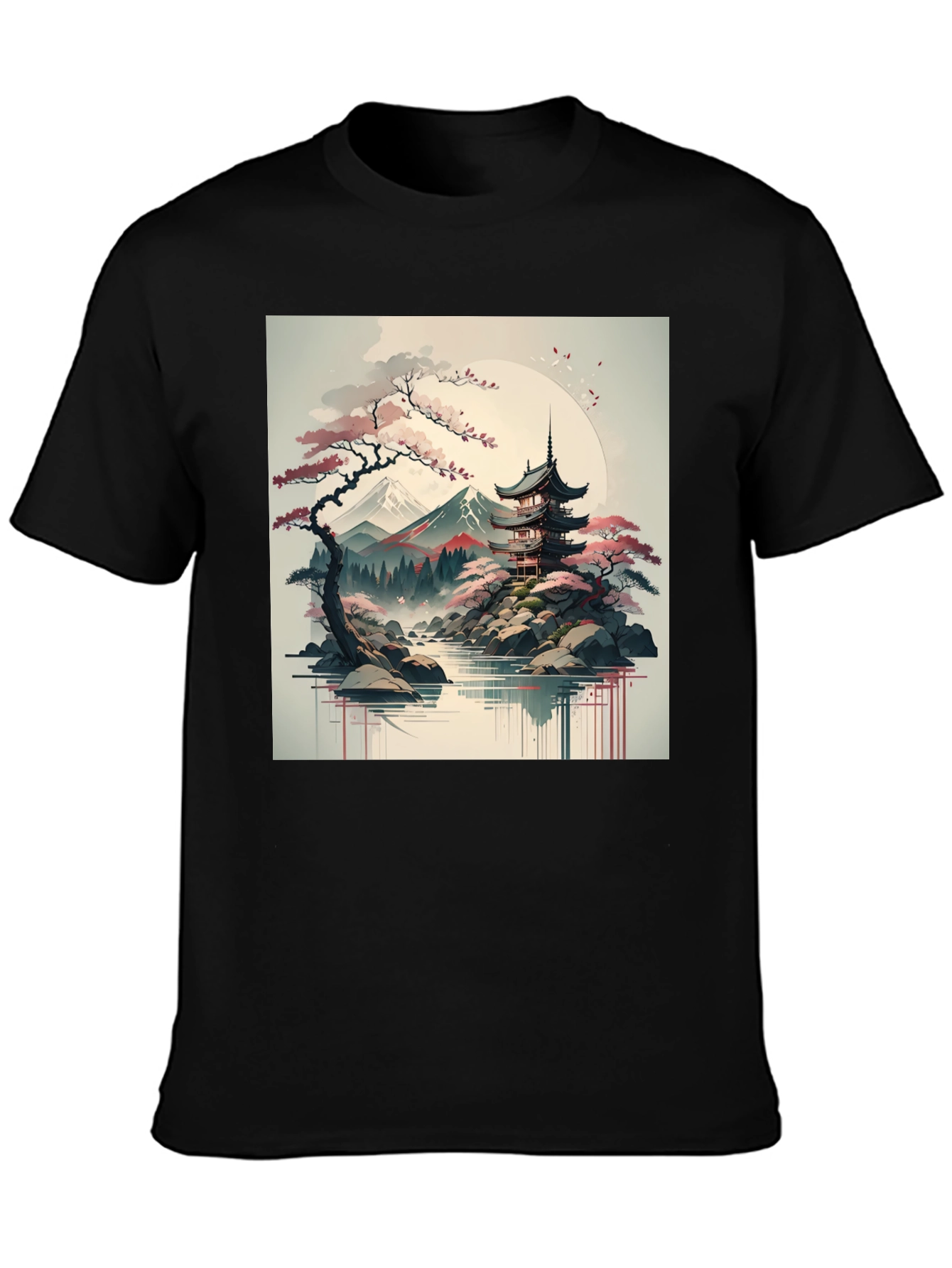 Mens Black T-Shirt with Japanese Landscape Graphic