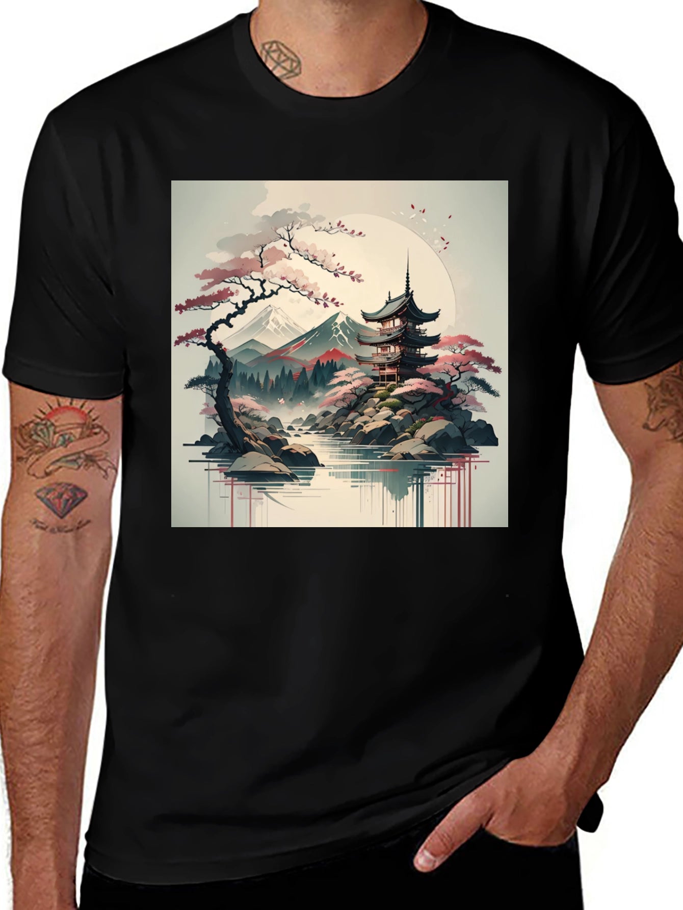 Mens Black T-Shirt with Japanese Landscape Graphic