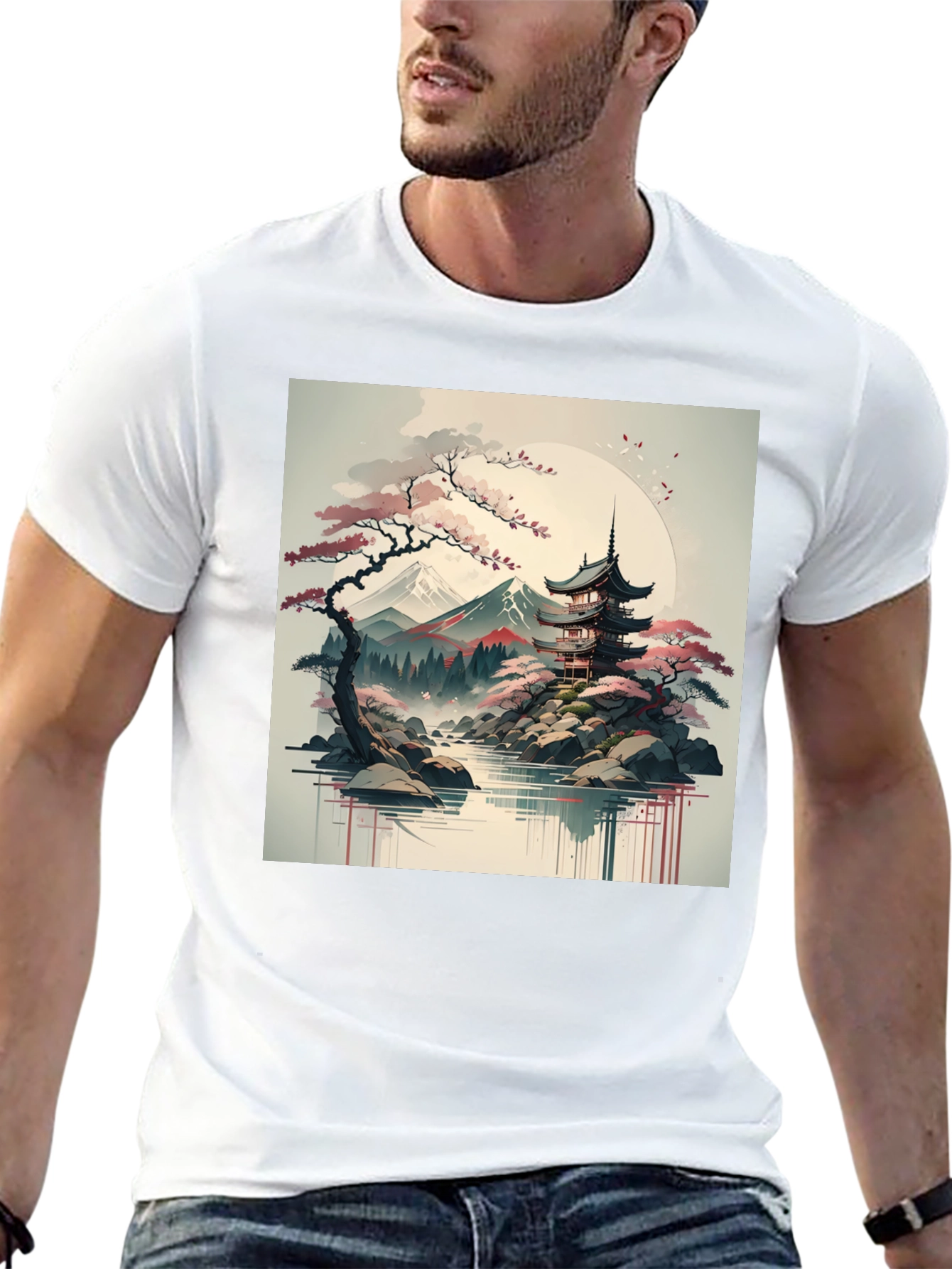 Mens Black T-Shirt with Japanese Landscape Graphic