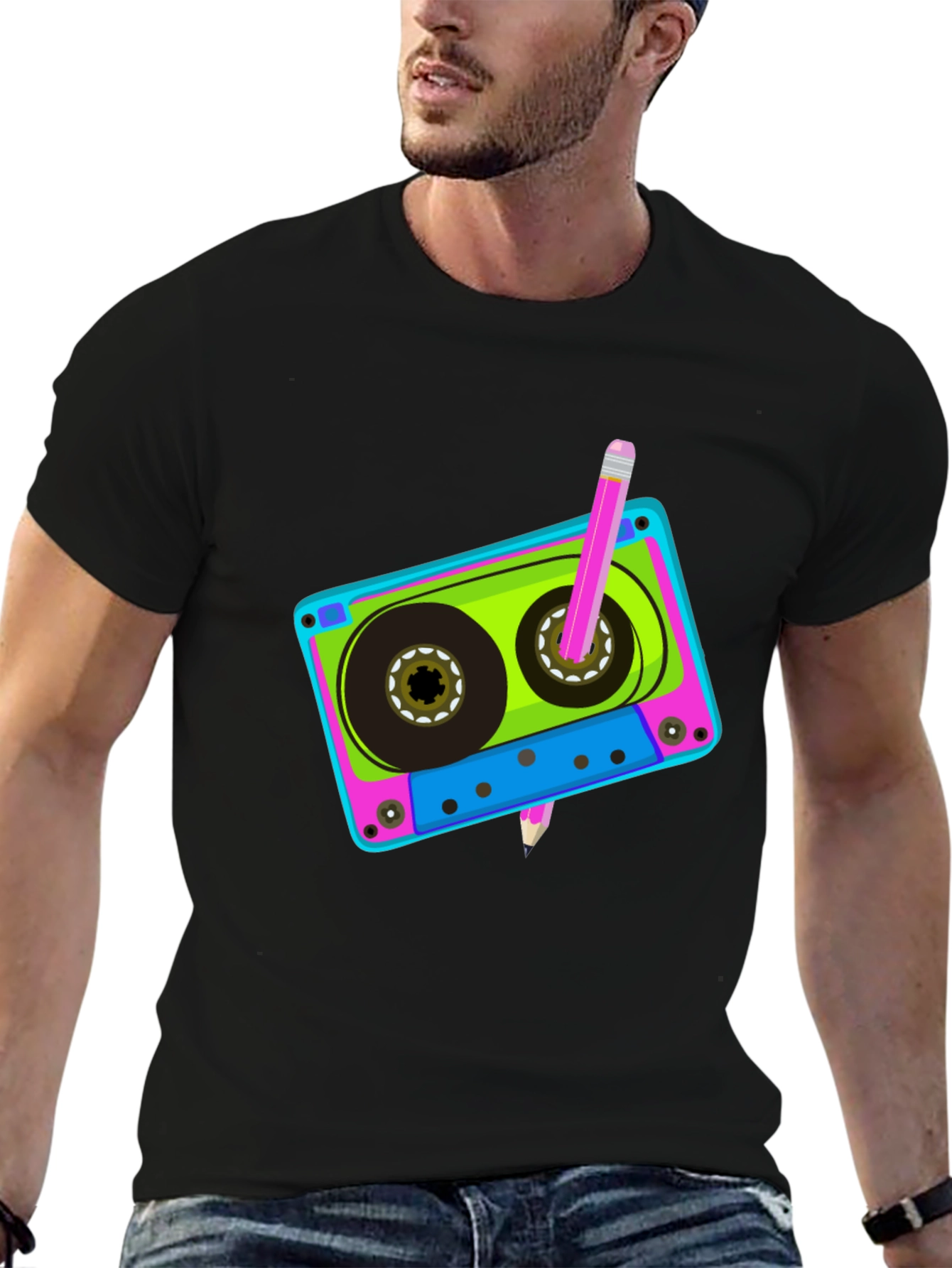 Retro Cassette Tape & Pencil Black T-Shirt