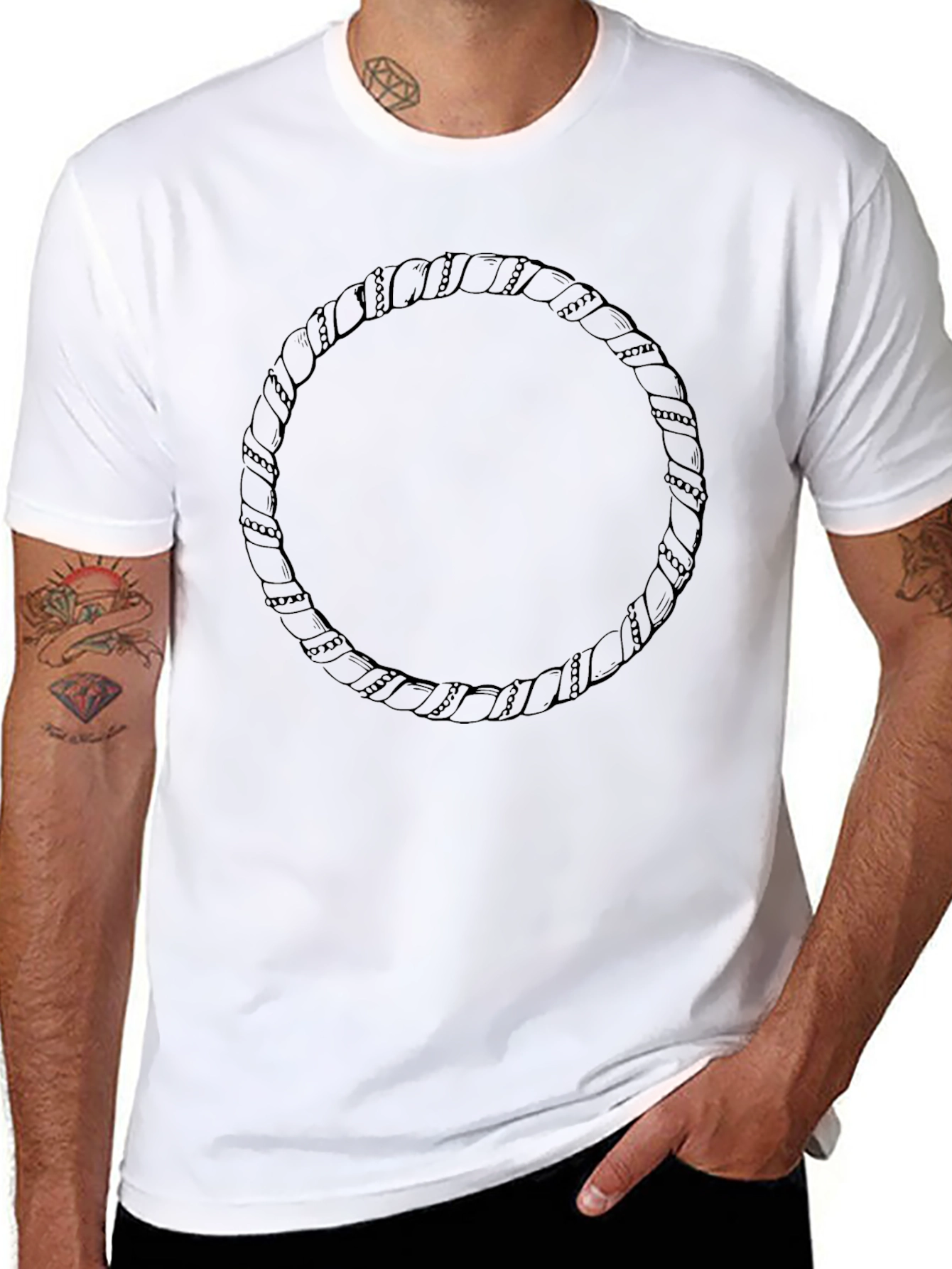 Minimalist Black T-Shirt with Rope Circle Design