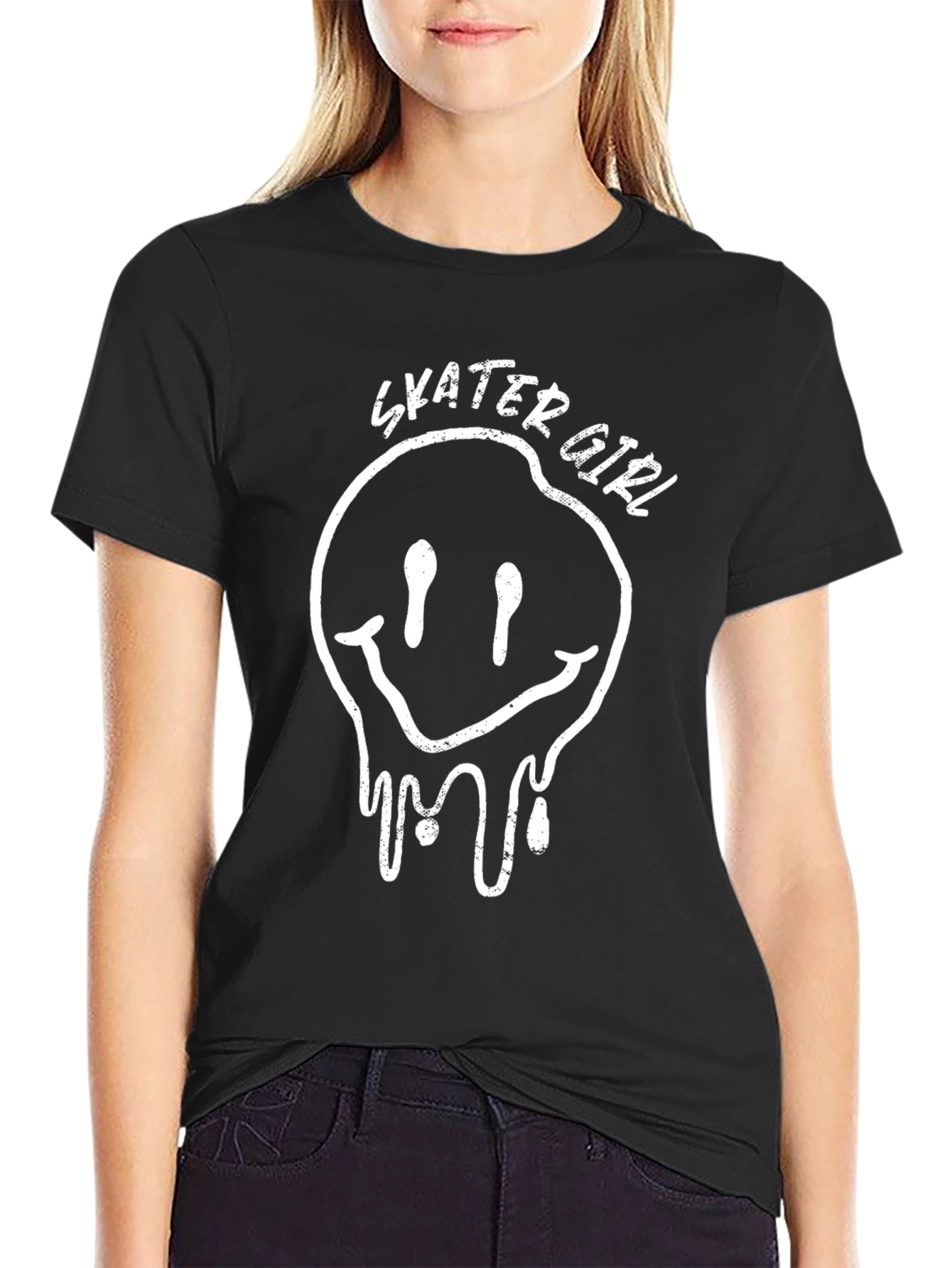 Skater Girl Graphic Tee - Distressed Smiley Face Shirt