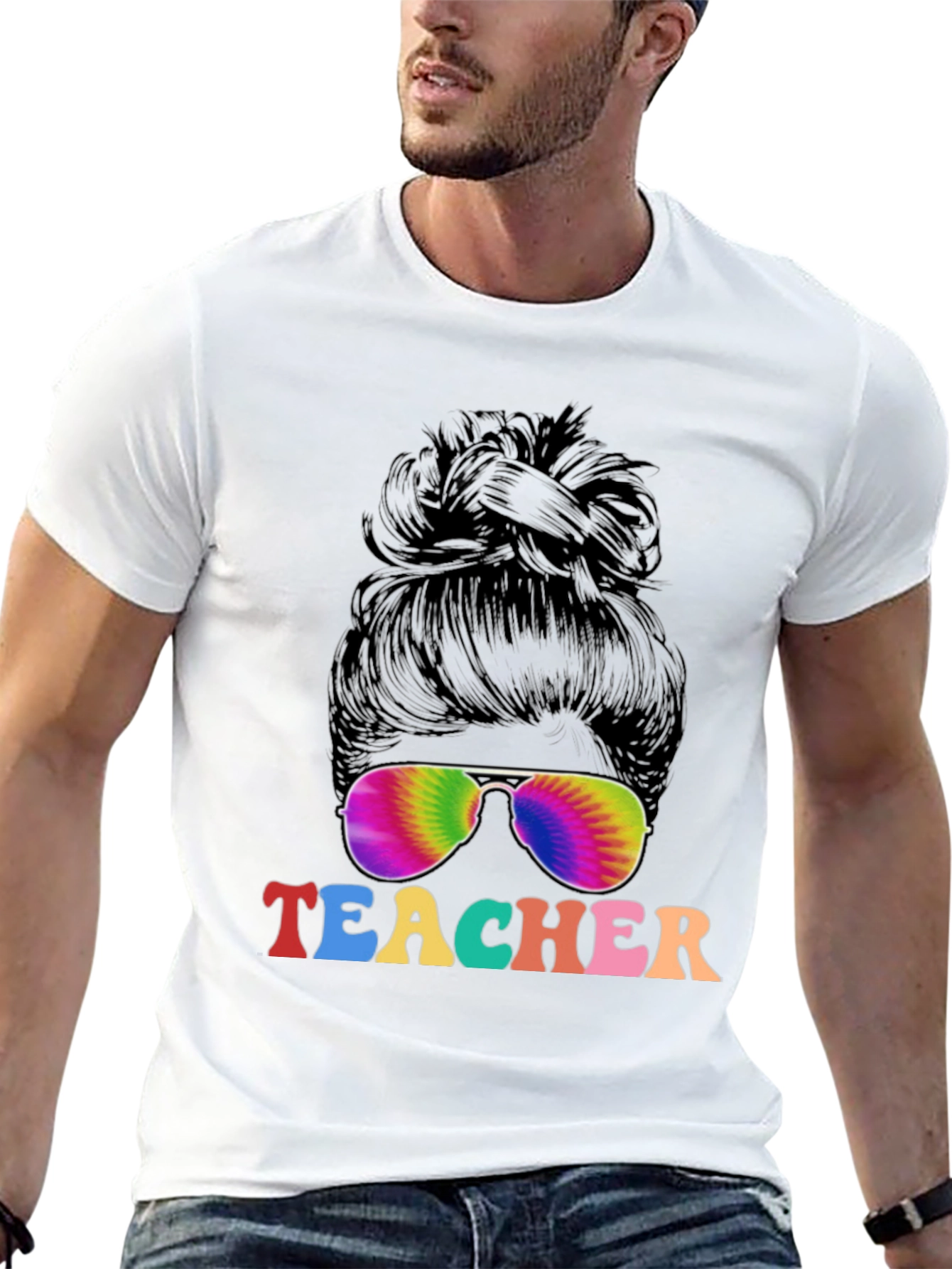 Teacher Messy Bun Tie Dye Sunglasses T-Shirt
