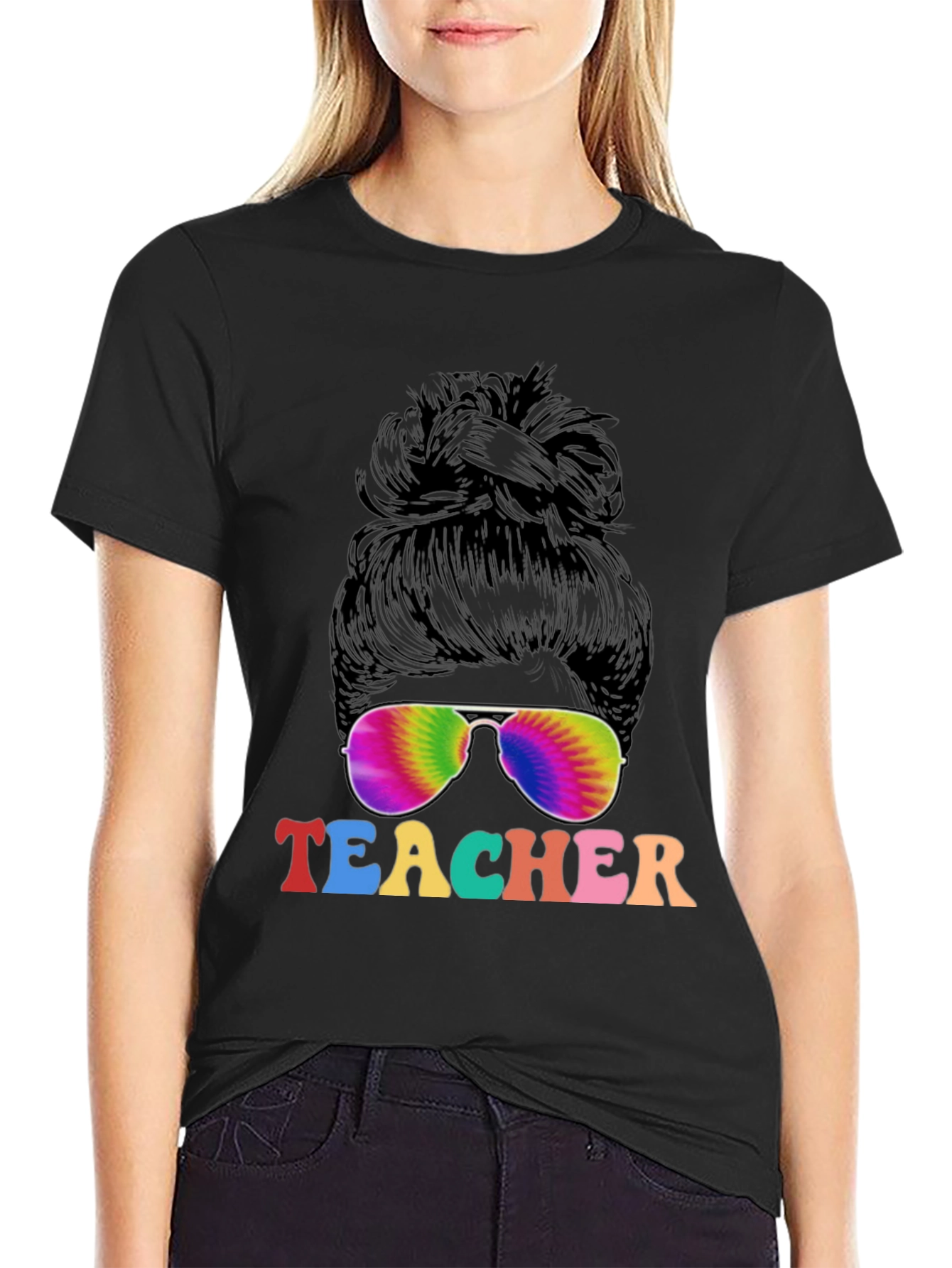 Teacher Messy Bun Tie Dye Sunglasses T-Shirt