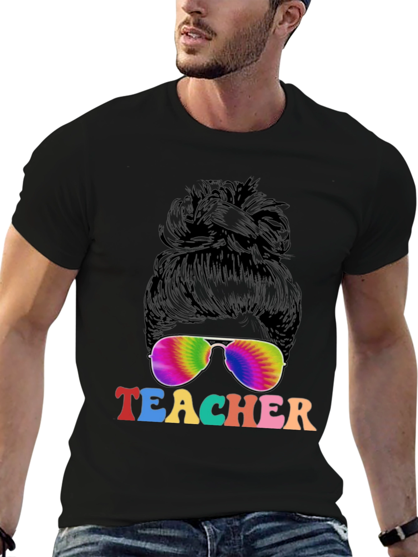 Teacher Messy Bun Tie Dye Sunglasses T-Shirt