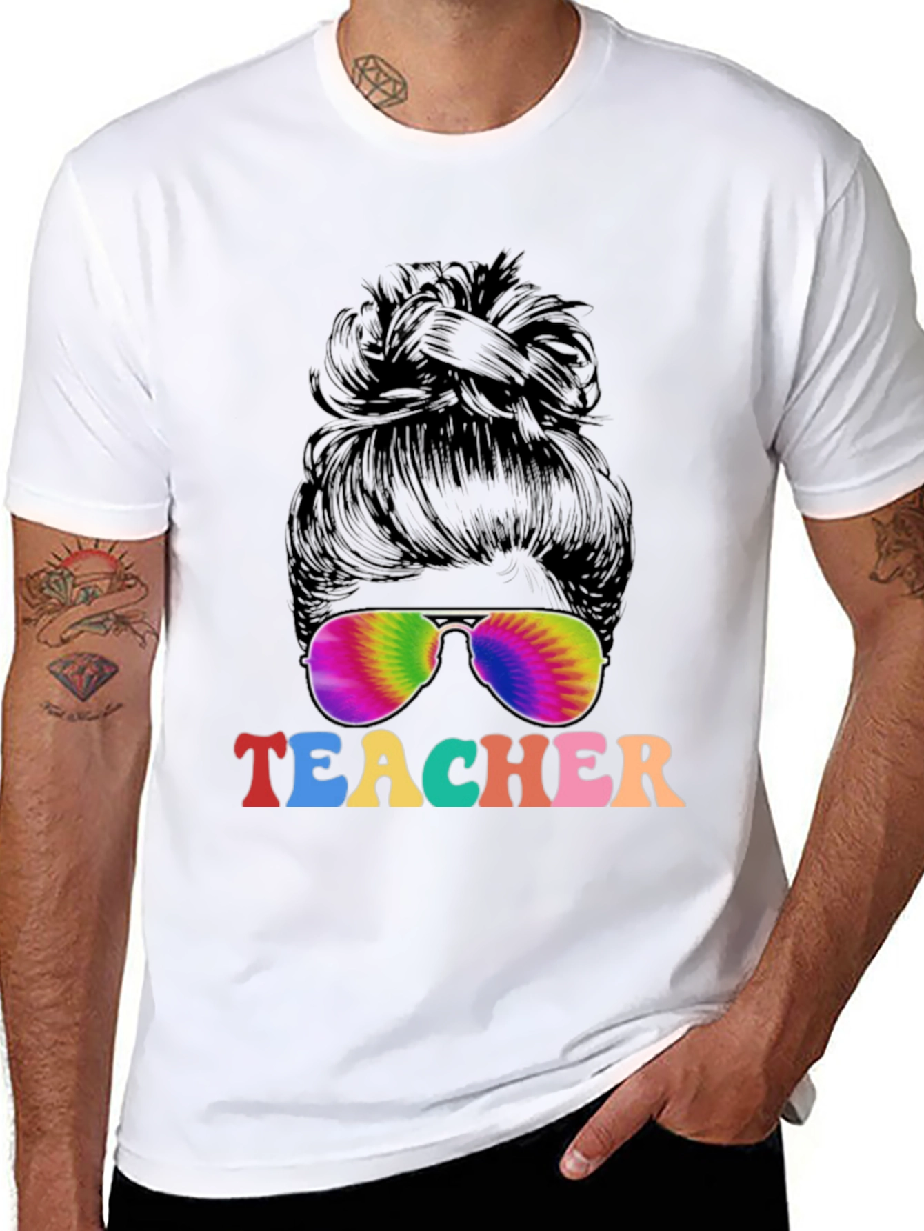 Teacher Messy Bun Tie Dye Sunglasses T-Shirt