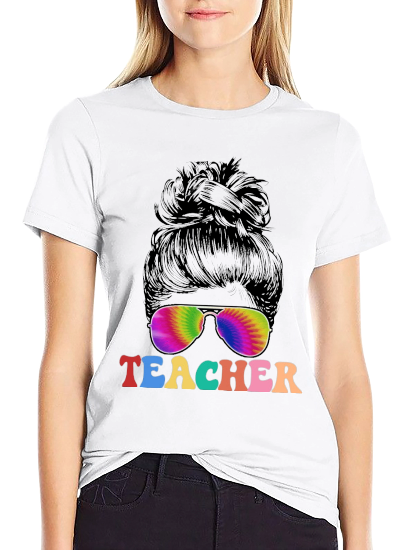 Teacher Messy Bun Tie Dye Sunglasses T-Shirt