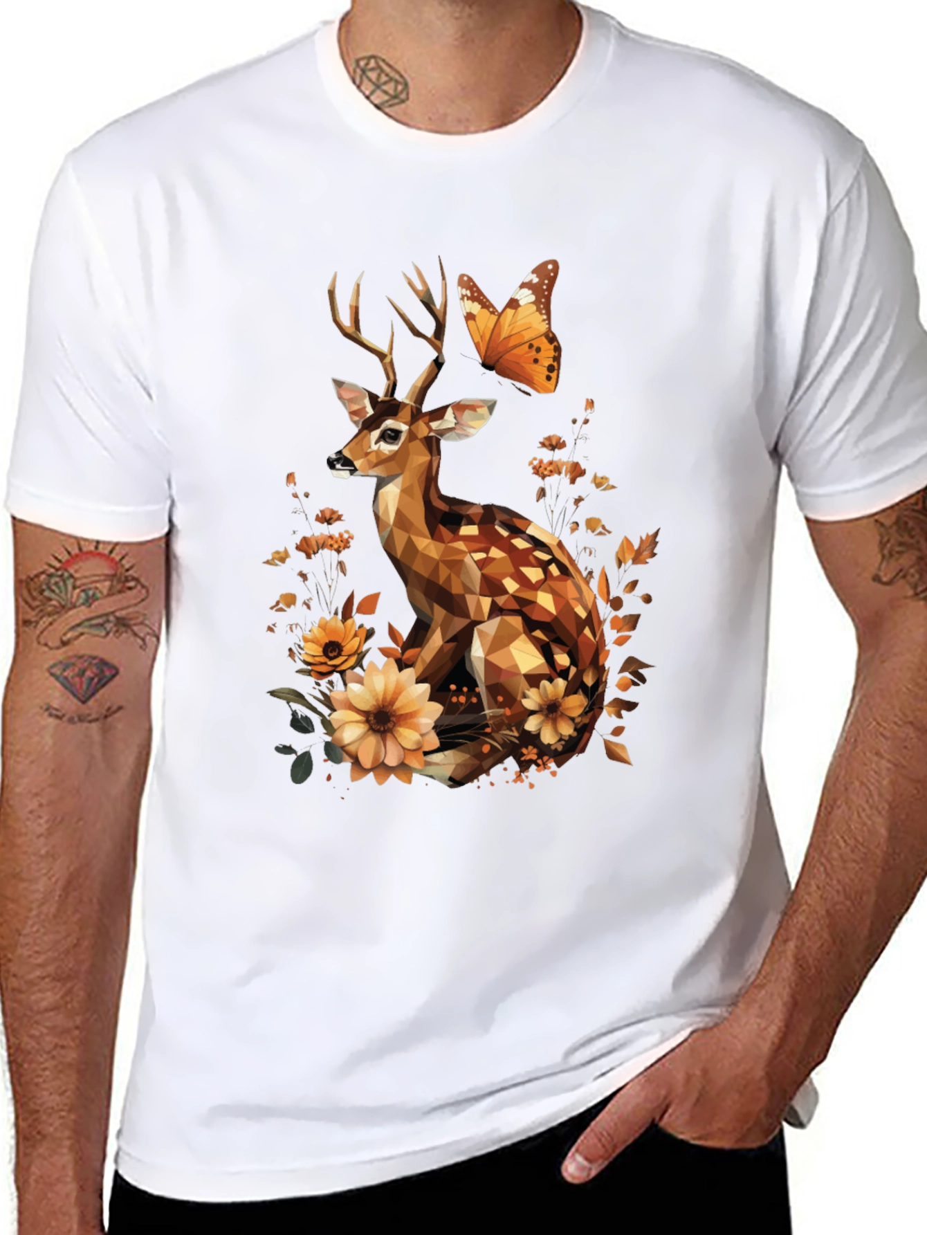 Geometric Deer & Butterfly Graphic T-Shirt