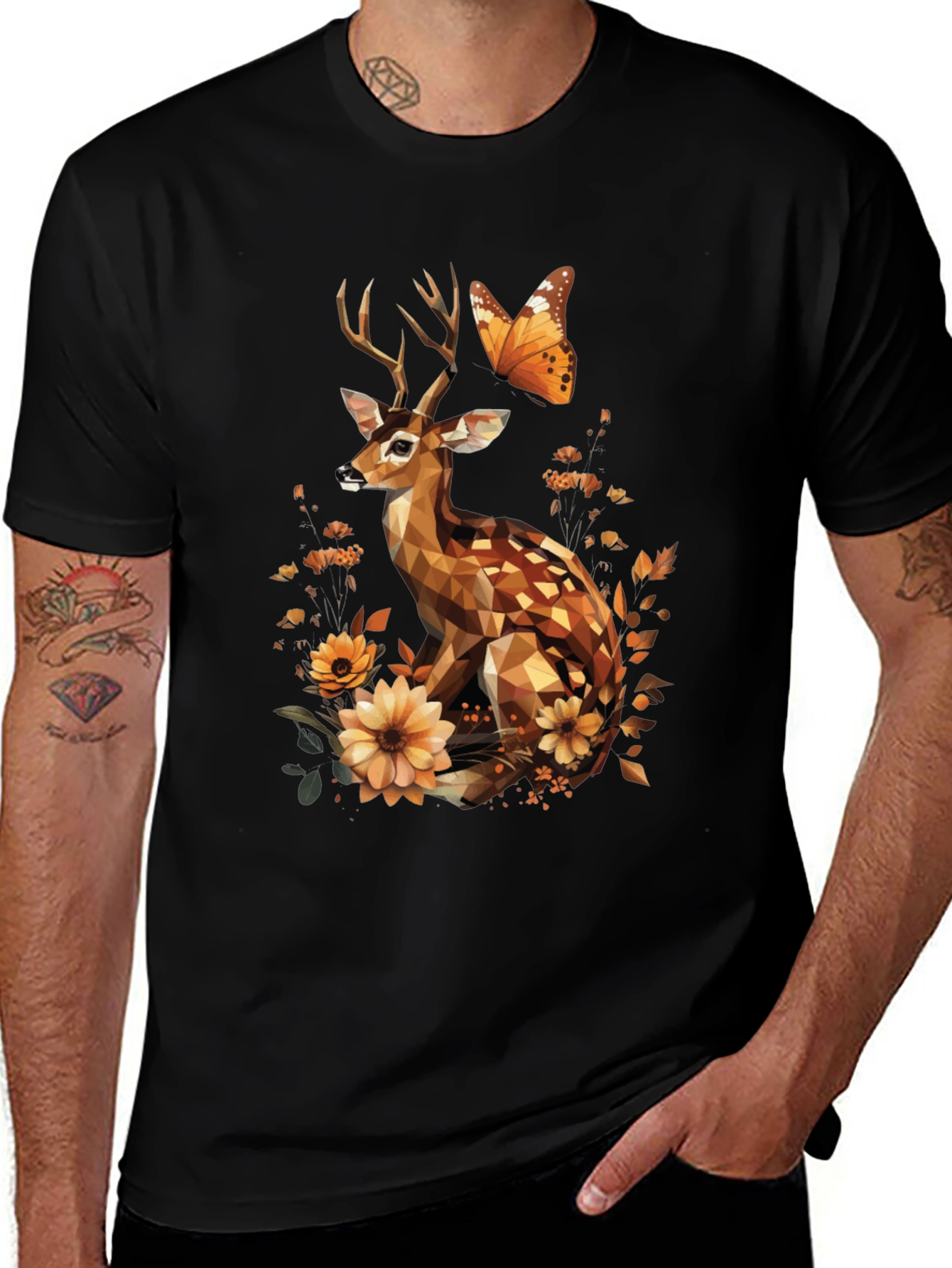 Geometric Deer & Butterfly Graphic T-Shirt