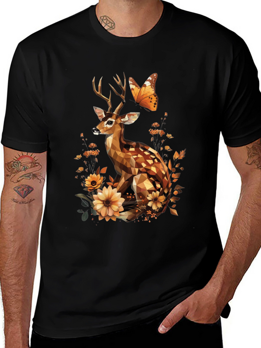 Geometric Deer & Butterfly Graphic T-Shirt