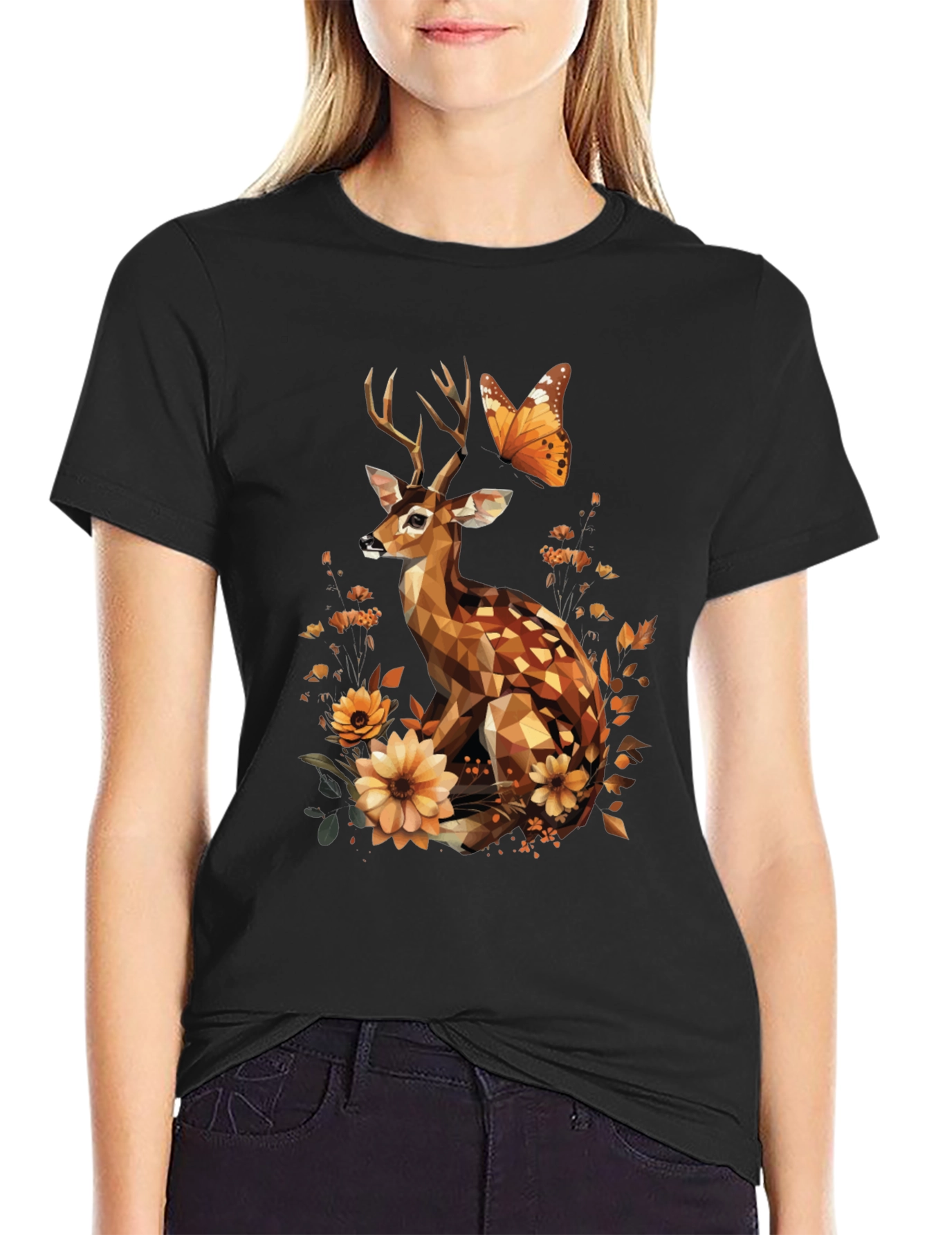 Geometric Deer & Butterfly Graphic T-Shirt