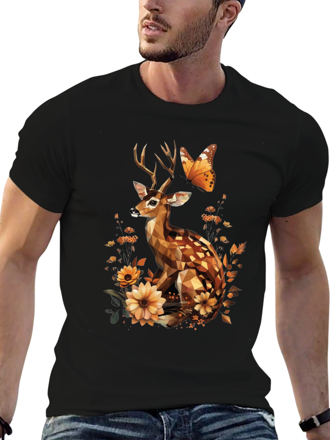 Geometric Deer & Butterfly Graphic T-Shirt