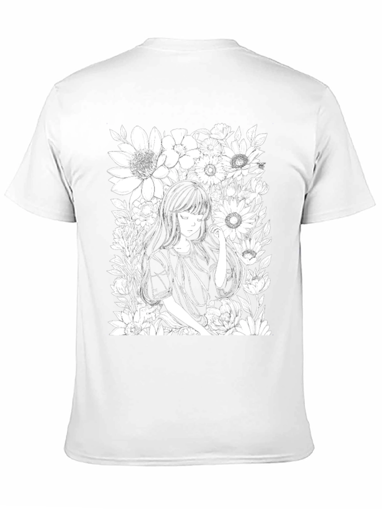 Anime Girl Floral T-Shirt - Black Cotton Tee
