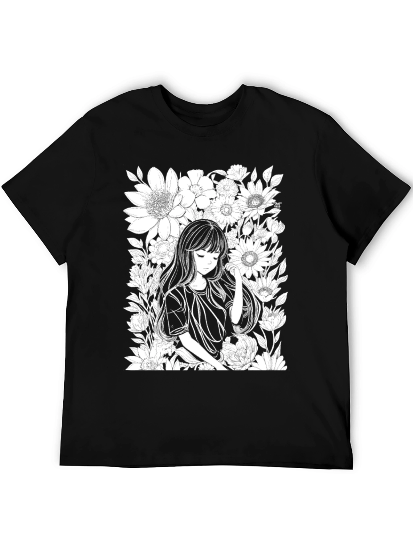 Anime Girl Floral T-Shirt - Black Cotton Tee