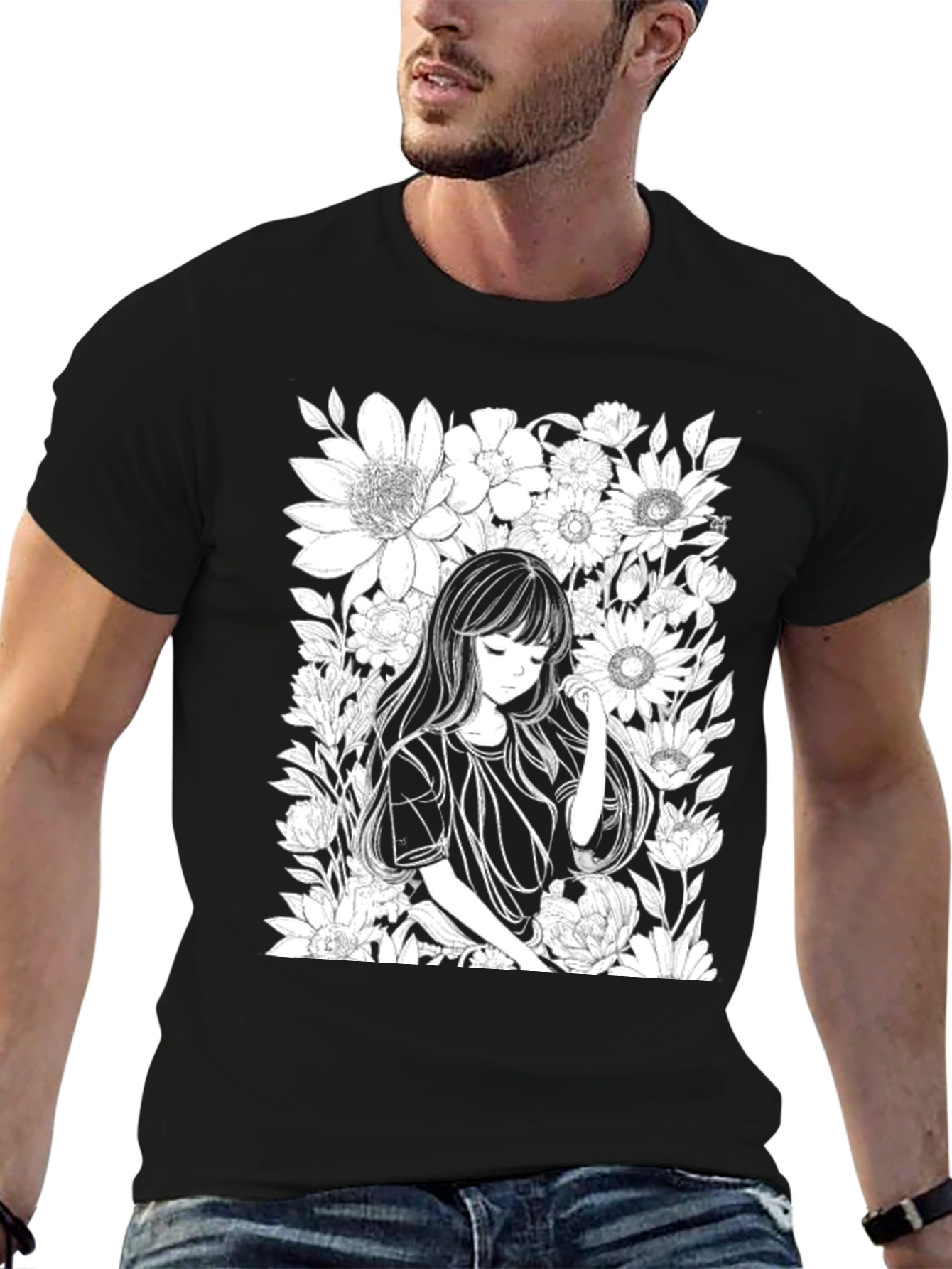 Anime Girl Floral T-Shirt - Black Cotton Tee
