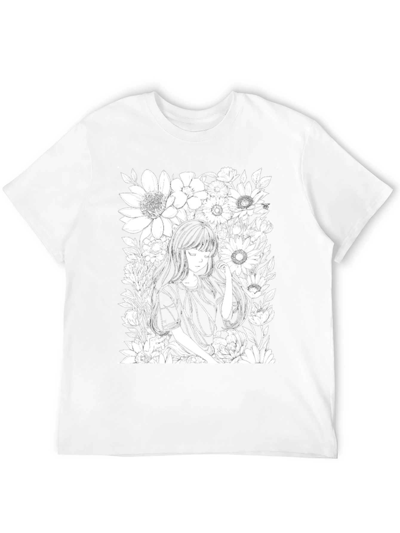 Anime Girl Floral T-Shirt - Black Cotton Tee